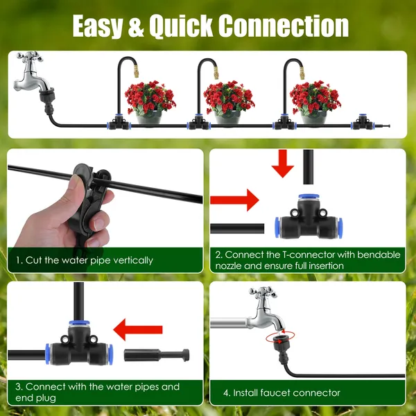 360° Bendable Drip Irrigation System With 49FT 5/8' Tubing Hose 5/16' Faucet Connector Automatic Watering Misting Kit For Garden Greenhouse Yard Lawn