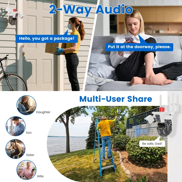 1080P HD 4-Lens Security Camera 360° View WiFi Pan & Tilt Surveillance Camera With Full Color Night Vision Auto Motion Tracking 2-Way Audio Spotlights IP66 Waterproof Max 128G Not Included