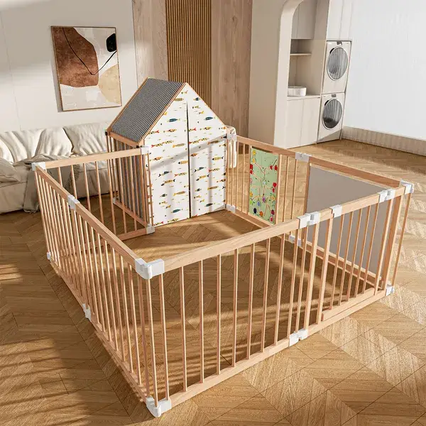 Natural Wood Baby Playpen 10 Panel Foldable Play Yard With Door Panel And Built-in Toys Easy To Assemble Foldable Assembled Into Various Shapes Includes Two Pla