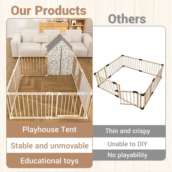 Natural Wood Baby Playpen 10 Panel Foldable Play Yard With Door Panel And Built-in Toys Easy To Assemble Foldable Assembled Into Various Shapes Includes Two Play Panels And Playhouse