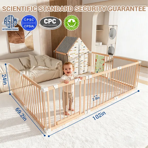 Natural Wood Baby Playpen 10 Panel Foldable Play Yard With Door Panel And Built-in Toys Easy To Assemble Foldable Assembled Into Various Shapes Includes Two Play Panels And Playhouse