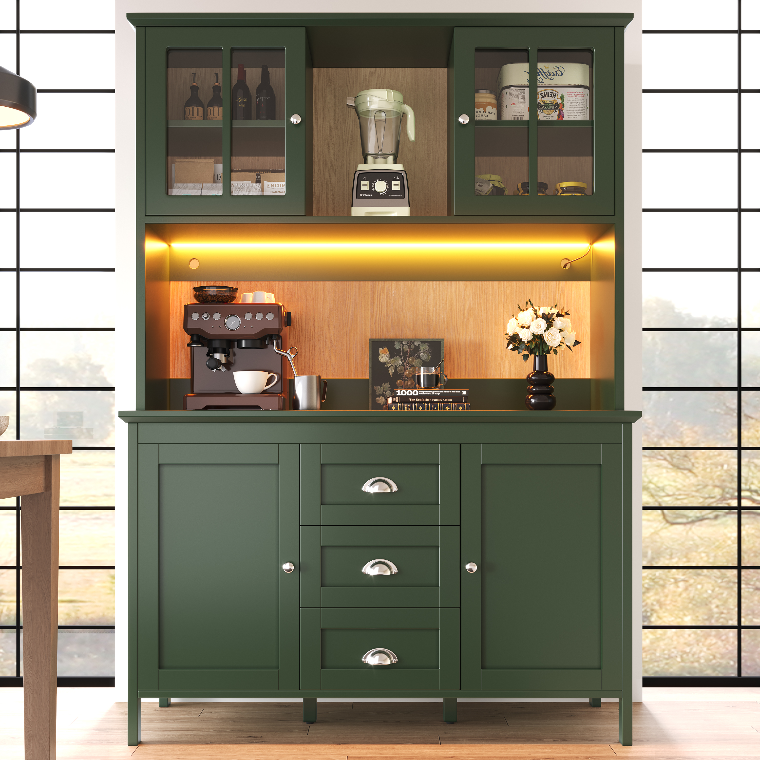 Sideboard, Storage Cabinet, Kitchen Cabinet, Tall Sideboard With LED Lighting, 120x40x179 Cm, 4 Doors & 3 Drawers, Black Green
