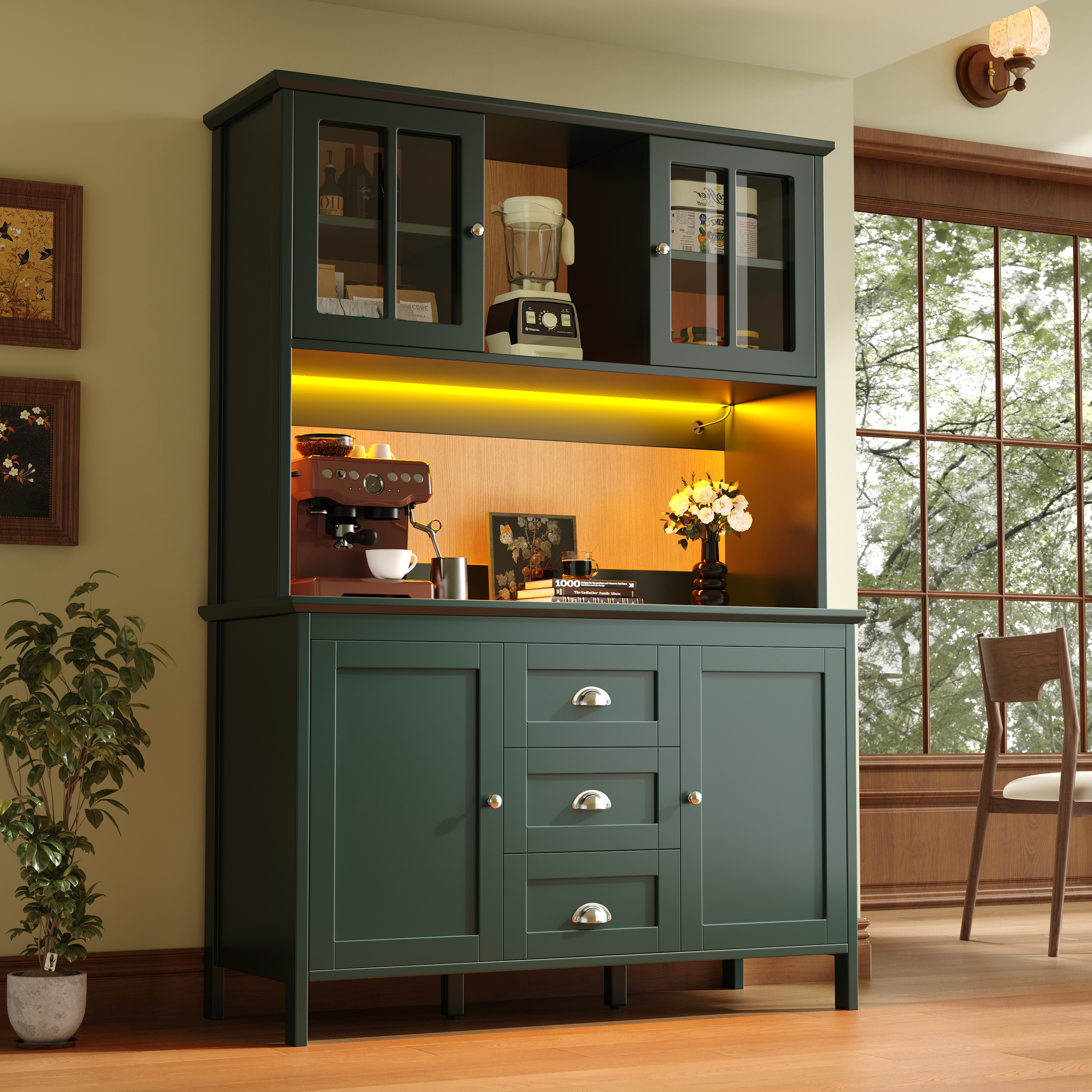 Sideboard, Storage Cabinet, Kitchen Cabinet, Tall Sideboard With LED Lighting, 120x40x179 Cm, 4 Doors & 3 Drawers, Black Green