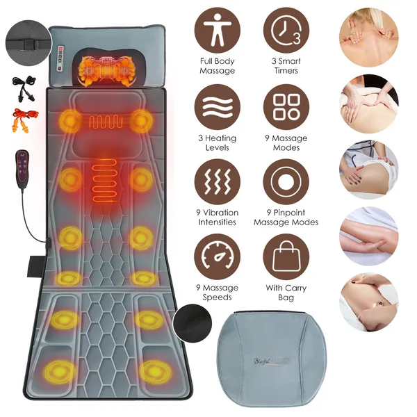 Flannel / PU Material Options - 1 Pc Full Body Massage Mat Multifunctional Massage Chair Pad With Heat Timer Shiatsu Neck Massager Carry Bag Earplugs Anti-Slip Bottom For Reclining Chair