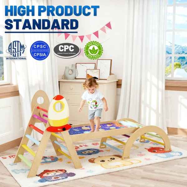 7-In-1 Foldable Baby Climbing Wooden Toys Triangle Set With Arch Triangle Pinball Game And Seesaw Wooden Montessori Climbing Set