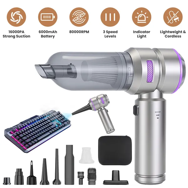 16000PA Handheld Car Vacuum Cleaner With Brushless Motor 2 Reusable Filters 4 In 1 Portable Cordless Compressed Air Duster & Blower For Car Office Home Camp