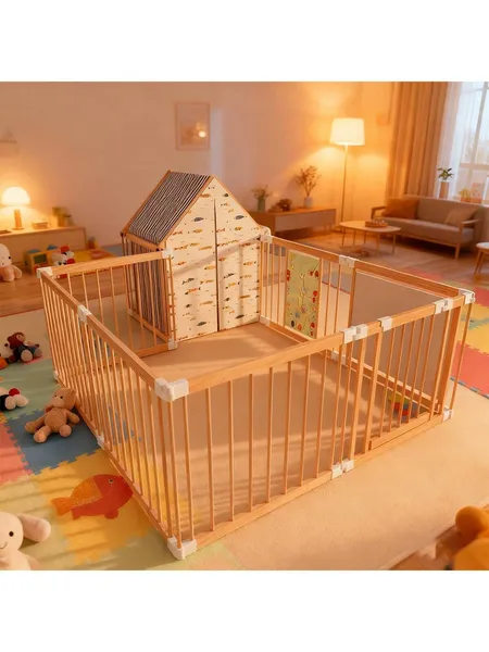 Natural Wood Baby Playpen 10 Panel Foldable Play Yard With Door Panel And Built-in Toys Easy To Assemble Foldable Assembled Into Various Shapes Includes Two Play Panels And Playhouse - imagen 1