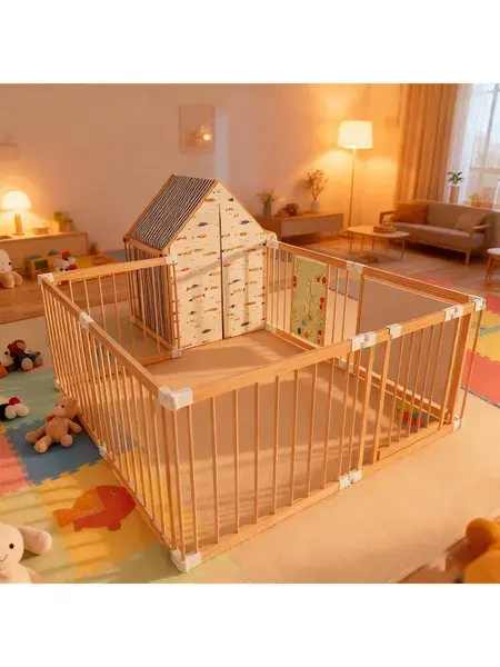 Natural Wood Baby Playpen 10 Panel Foldable