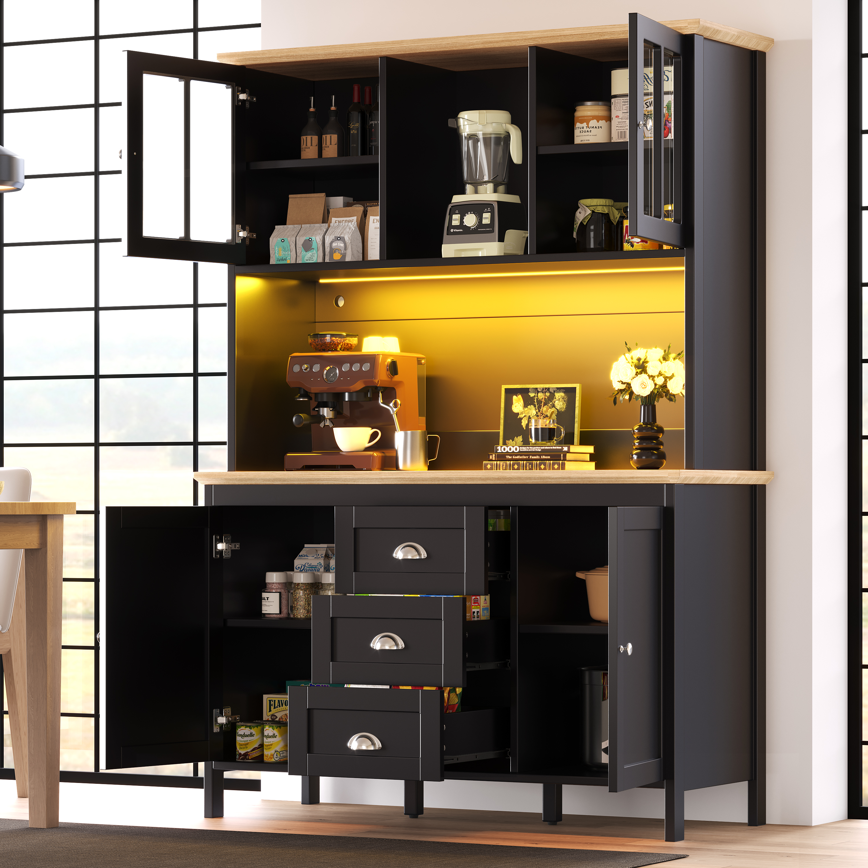 Sideboard, Storage Cabinet, Kitchen Tall With LED Lighting, 120x40x179 Cm, 4