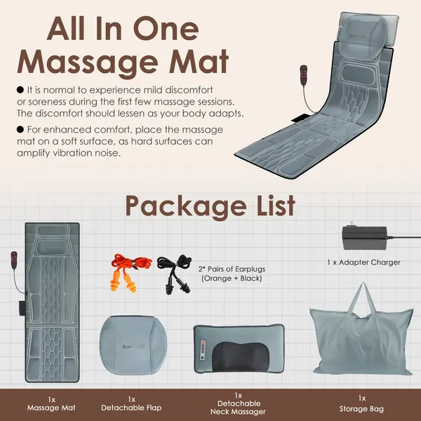 Flannel / PU Material Options - 1 Pc Full Body Massage Mat Multifunctional Massage Chair Pad With Heat Timer Shiatsu Neck Massager Carry Bag Earplugs Anti-Slip Bottom For Reclining Chair