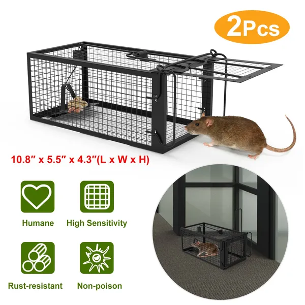 2 Pack Rat Trap Cage Humane Live Rodent Trap Cage Galvanized Iron Mice Mouse Control Bait Catch With Detachable U Shaped Rod 5