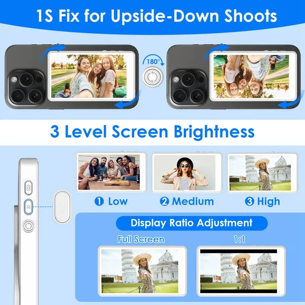 Vlog Selfie Monitor Screen Magnetic Rear Camera Phone Monitor Wireless Selfie Monitor Screen With 33FT Remote For Vlog Live Stream Compatible With IOS Android