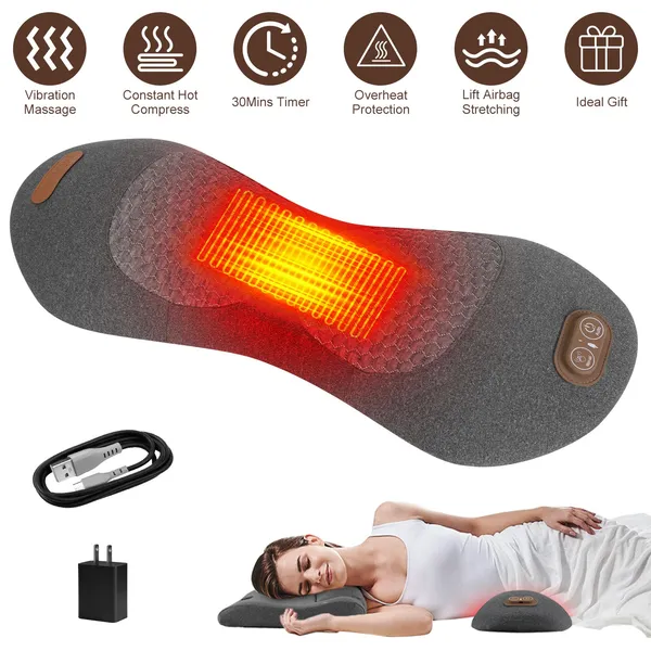 3 In 1 Electric Lumbar Massager Support Pillow Plug-in Memory Foam Lower Back Massager With Heat Vibration Airbag Stretching Adapter For Pain Relief