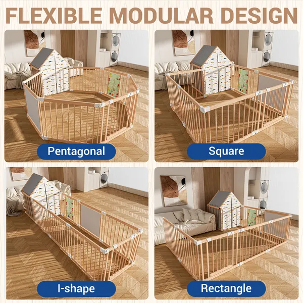 Natural Wood Baby Playpen 10 Panel Foldable Play Yard With Door Panel And Built-in Toys Easy To Assemble Foldable Assembled Into Various Shapes Includes Two Play Panels And Playhouse