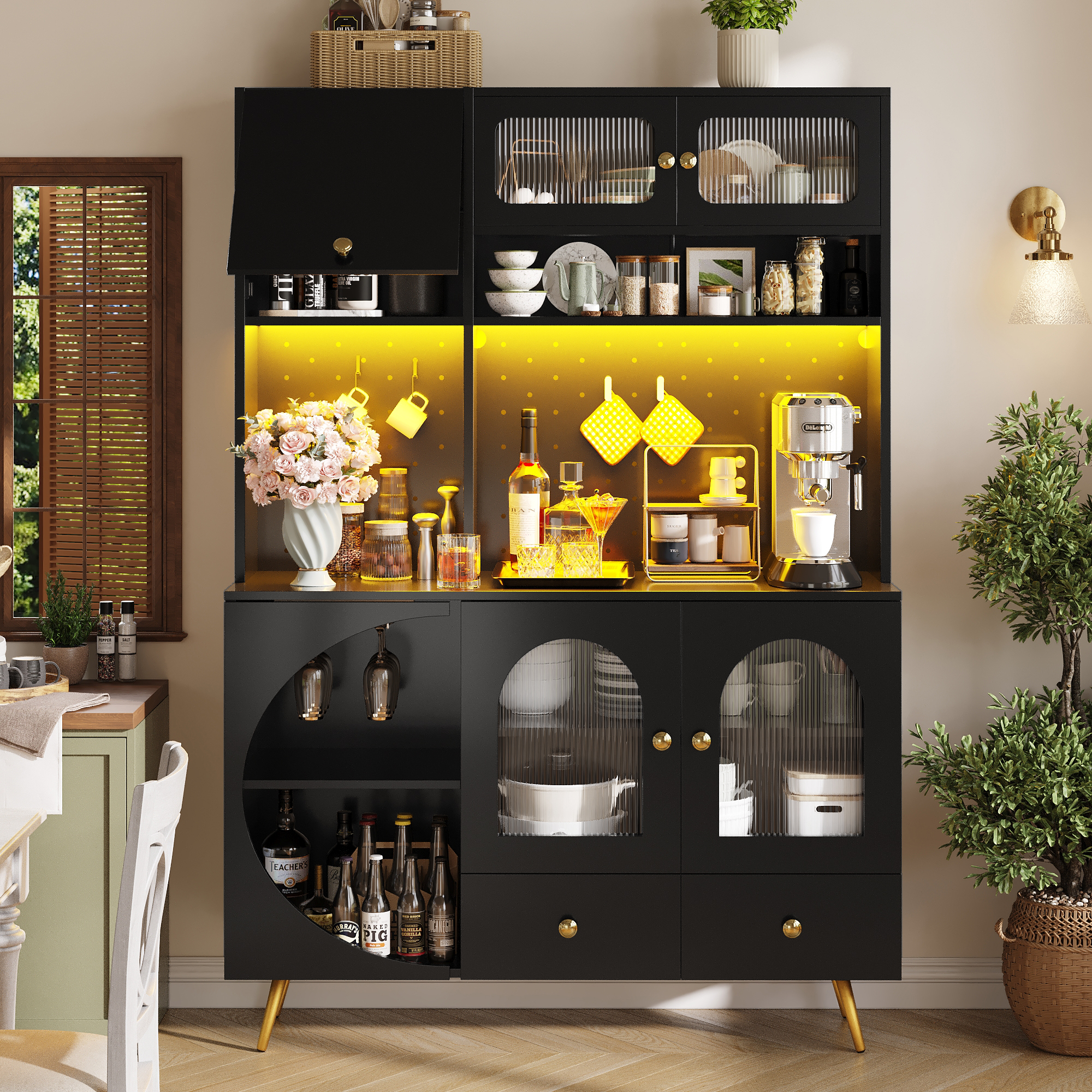 Tall Kitchen Cabinet With LED Lights & USB Ports, Modern Sideboard Storage Cabinet With Power Outlets, Perforated Wall, Drawer & Glass Shelves, For Kitchen & Living Room, 120x40x176 Cm, Black