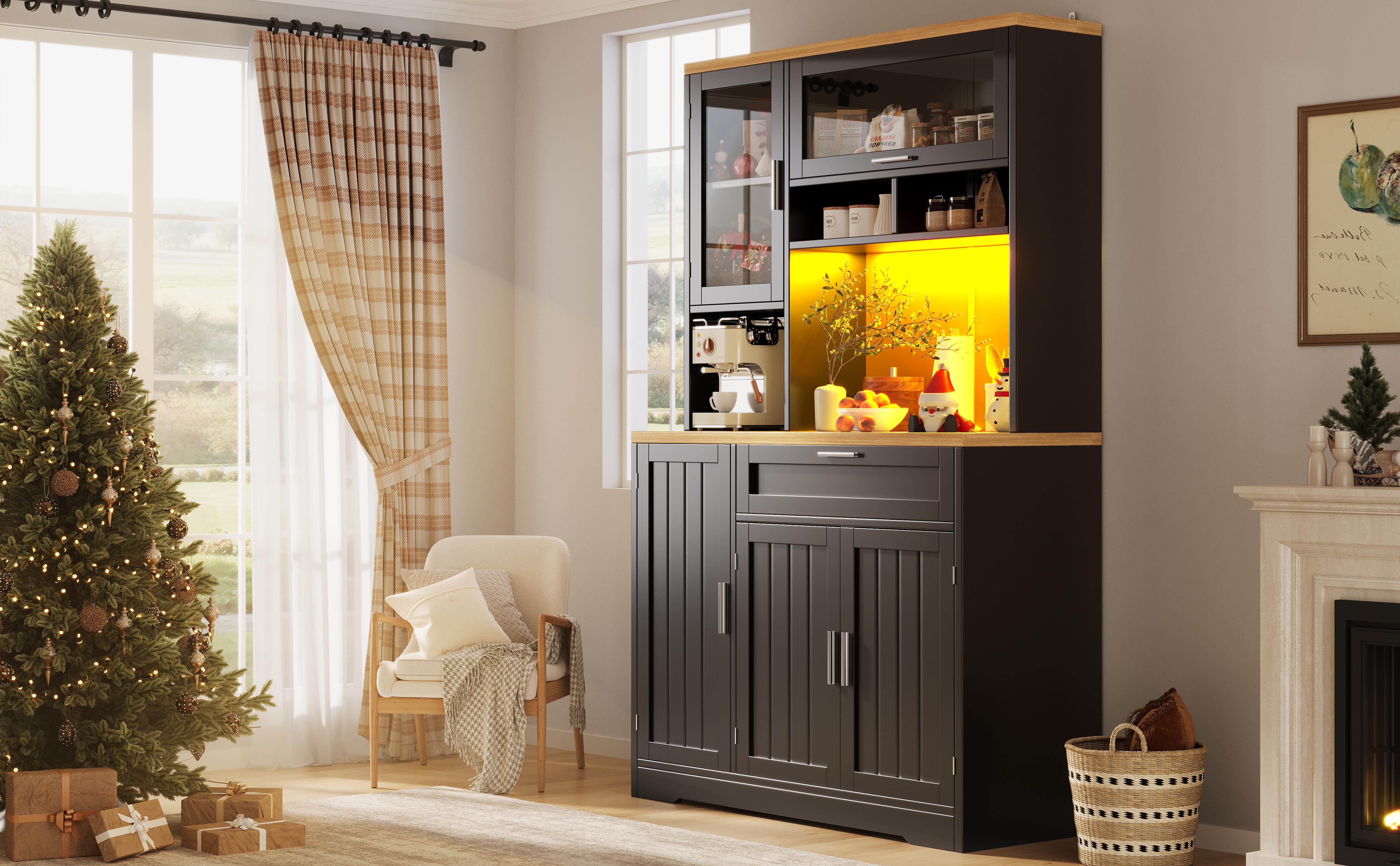 Tall Display Cabinet With LED Lighting - 104x40x180 Cm Kitchen & Living Room Storage, White Black