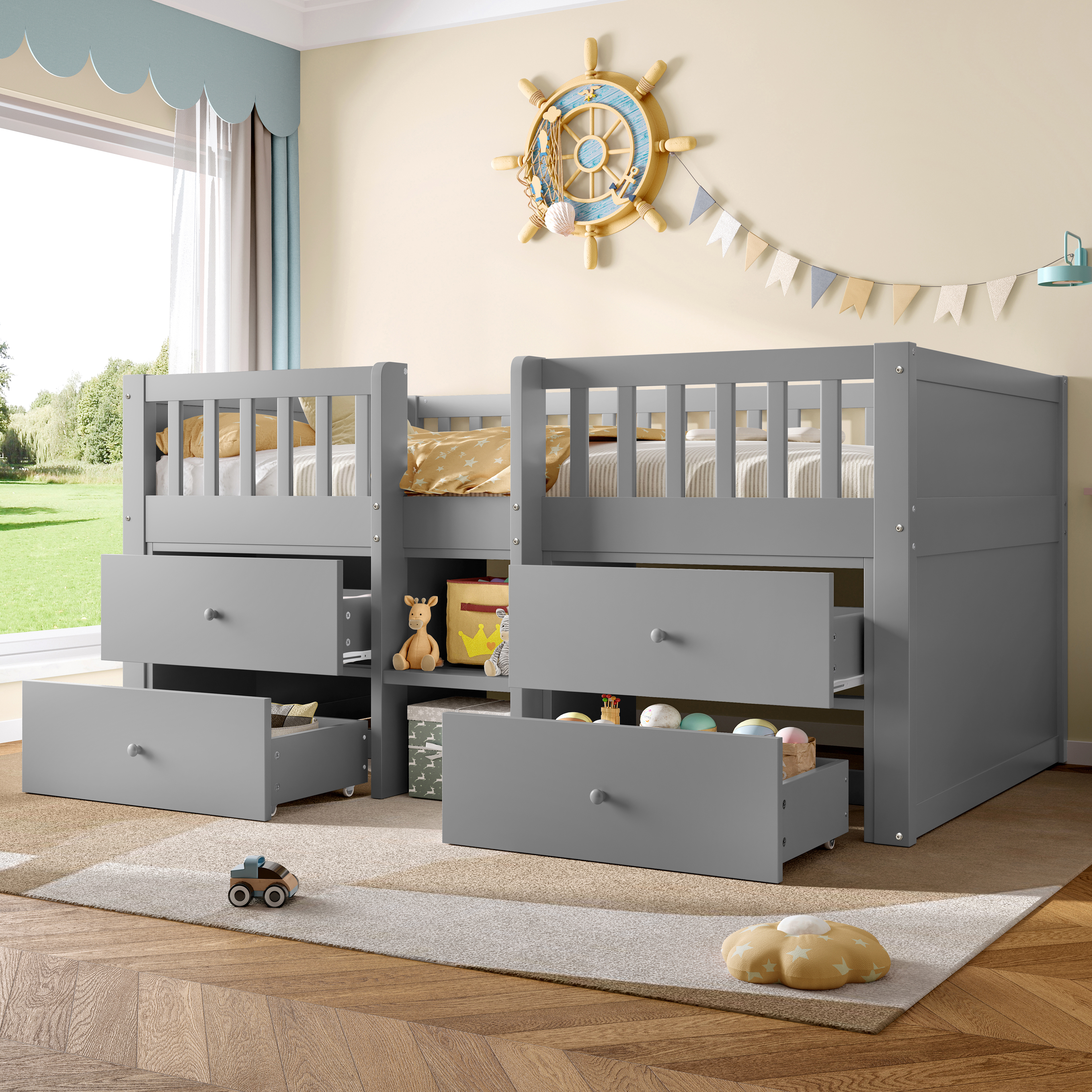 Low Loft Bed With Storage, Solid Wood Bed Frame With Drawer Storage, 3ft Single Bed With Guardrail, No Box Spring Needed, Saving-space Design For Bedroom, Modern Bed For Children, Grey No Mattress