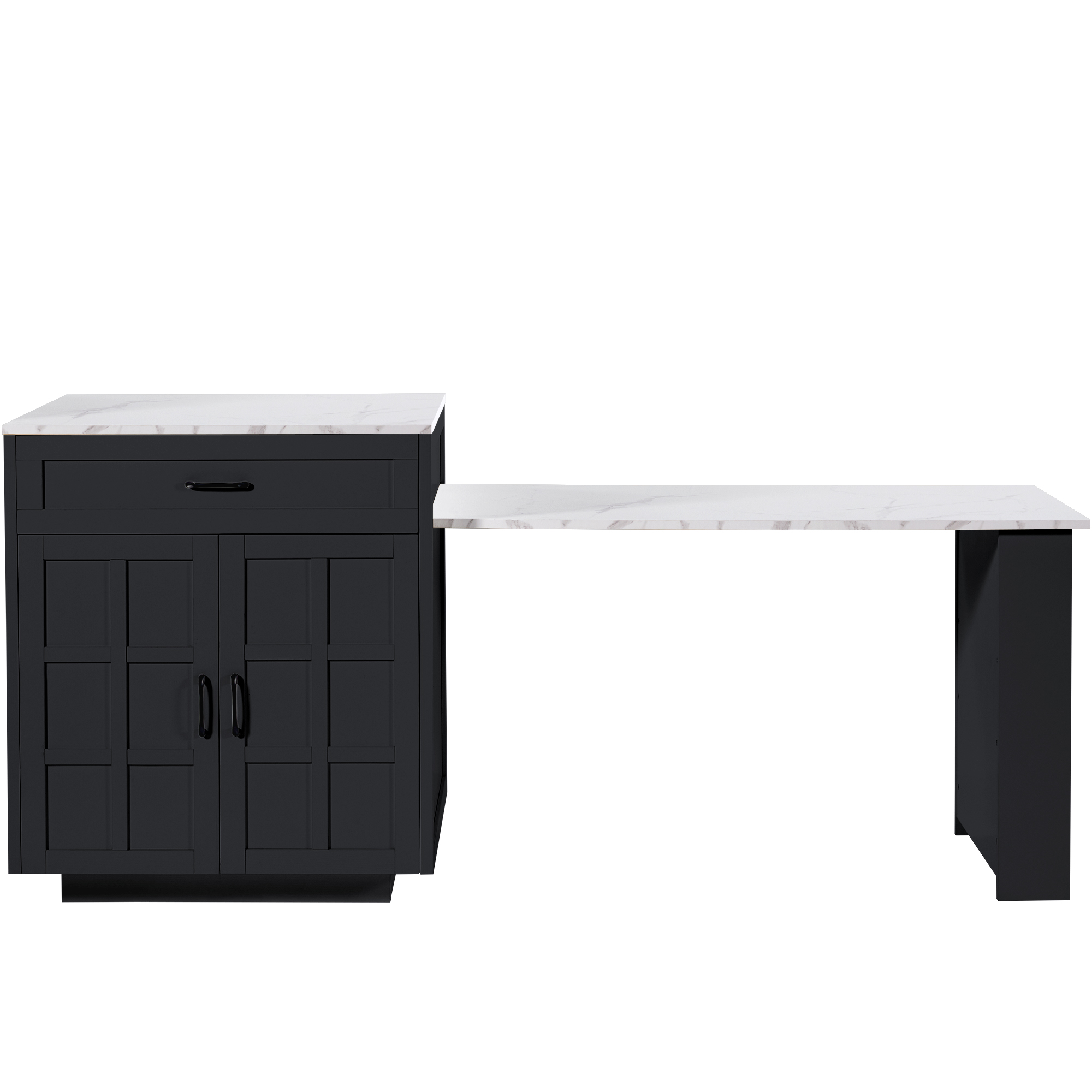 Extendable Bar Table With Storage 133-202 X 70 X 93.5 Cm, With Two Drawers And Four Compartments, Expandable Kitchen Island Table For 2-6 People, Kitchen Dining Cart With Side Shelves, Black.