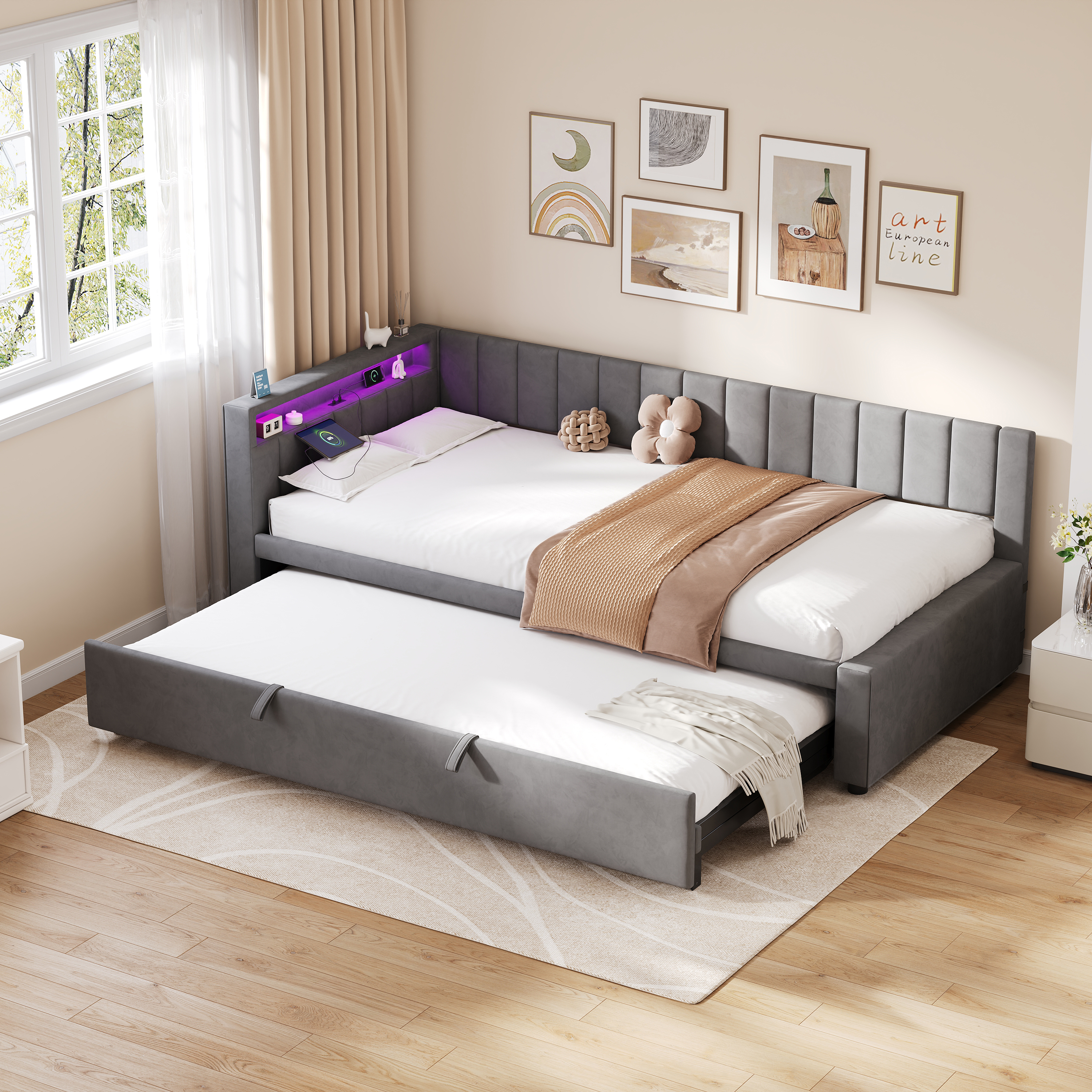 3ft Single Velvet Daybed, Sofa Bed With RGB LED Lights And Charging Station — image 2