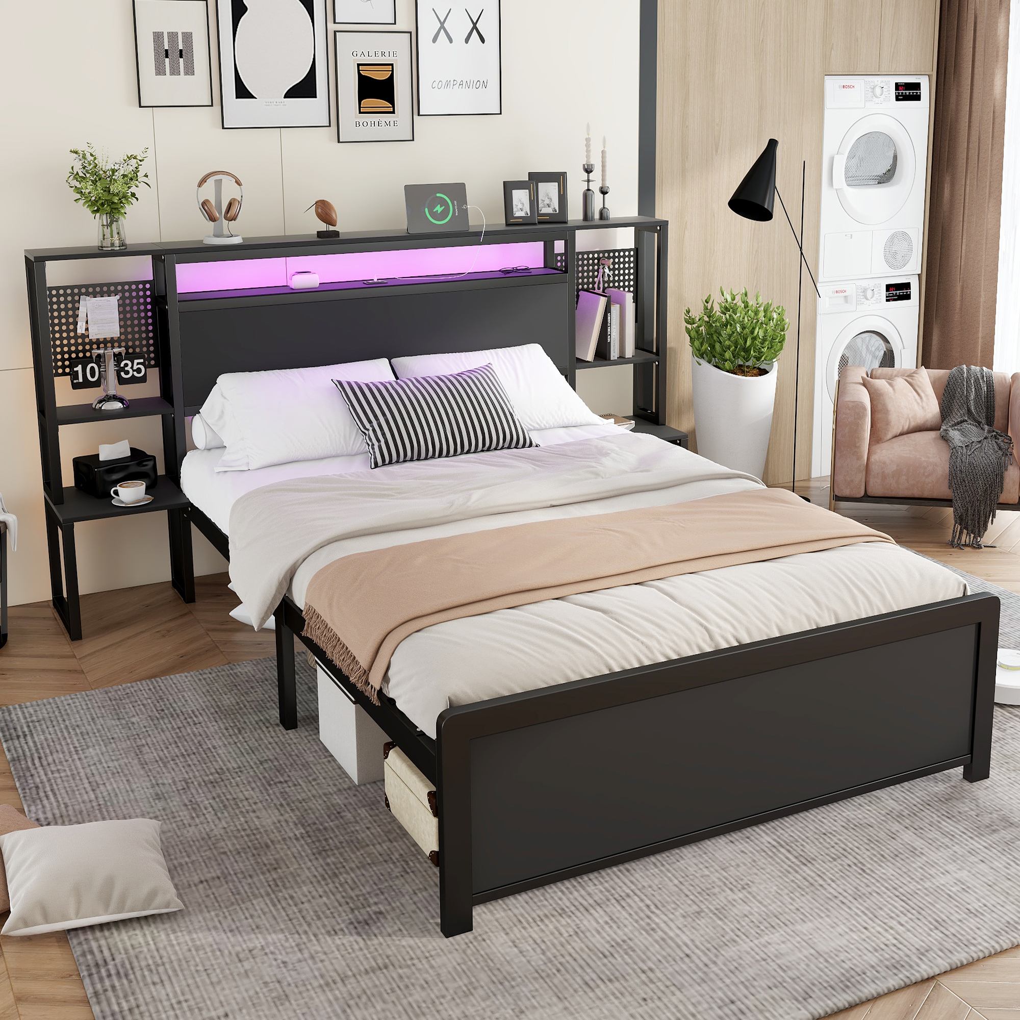 Metal Bed, Iron Bed, 4ft6 Double Bed 135x190cm, With Multi-color LED Strip Lights And Charging Port 2 A-type And 1 C-type, One-piece Bedside Table, Black - Image 1