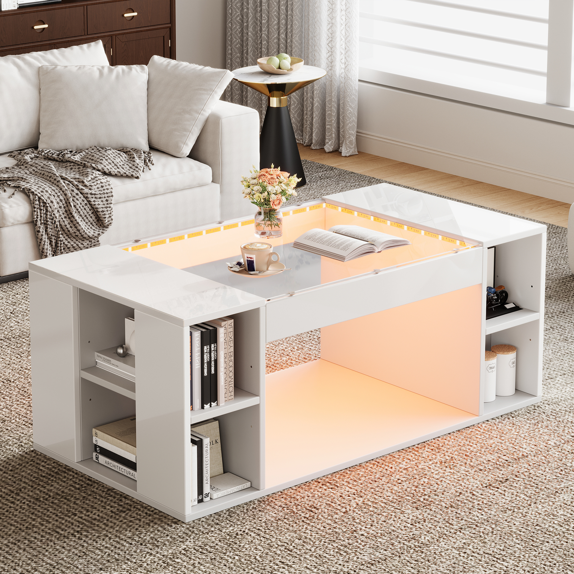 High Gloss Coffee Table With Open Storage, LED Lights, Centre Table With Glass Tabletop, Sofa Side Table, Coffee End Table For Living Room, Office, 100x50x40cm, White, MDF