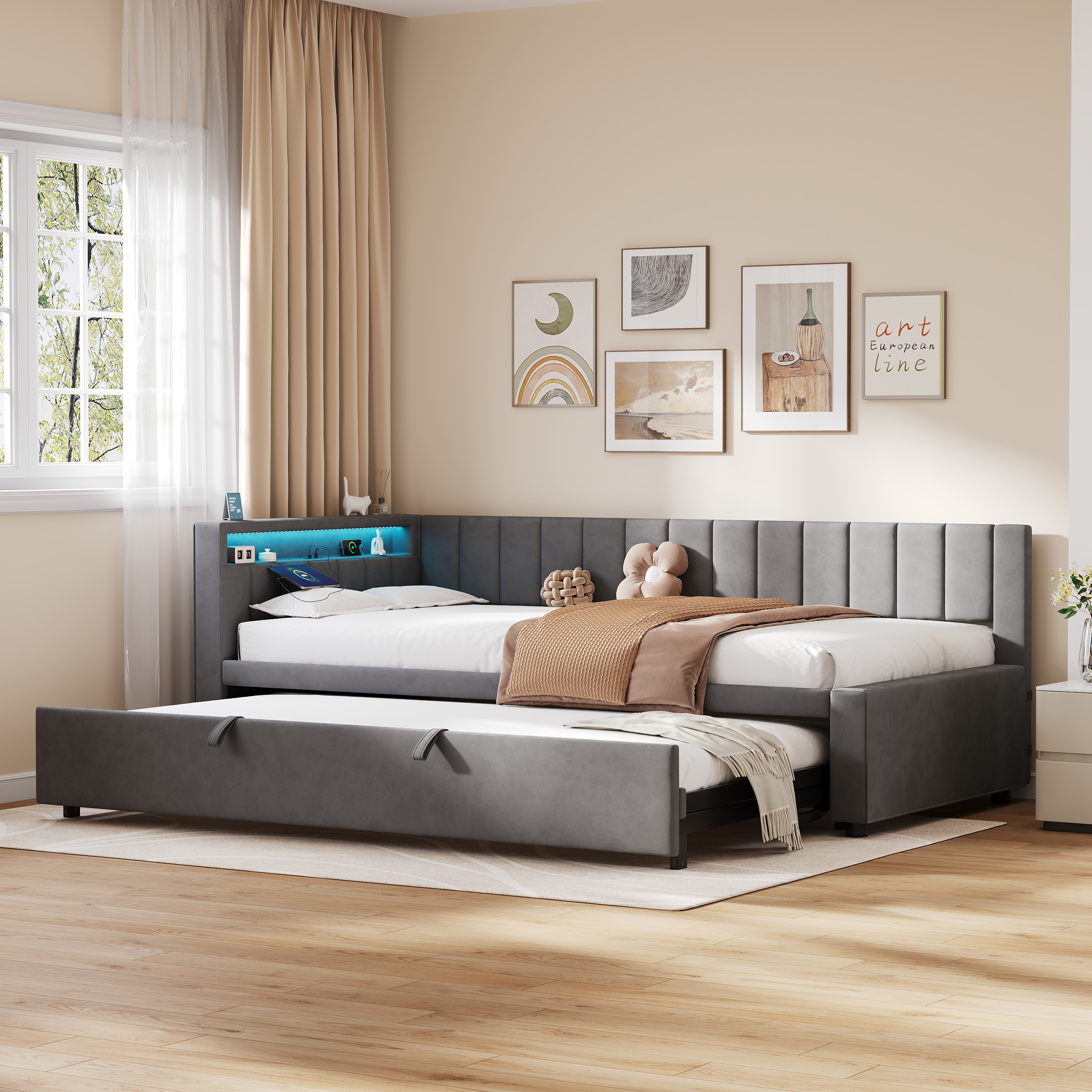 3ft Single Velvet Daybed, Sofa Bed With RGB LED Lights And Charging Station — image 3
