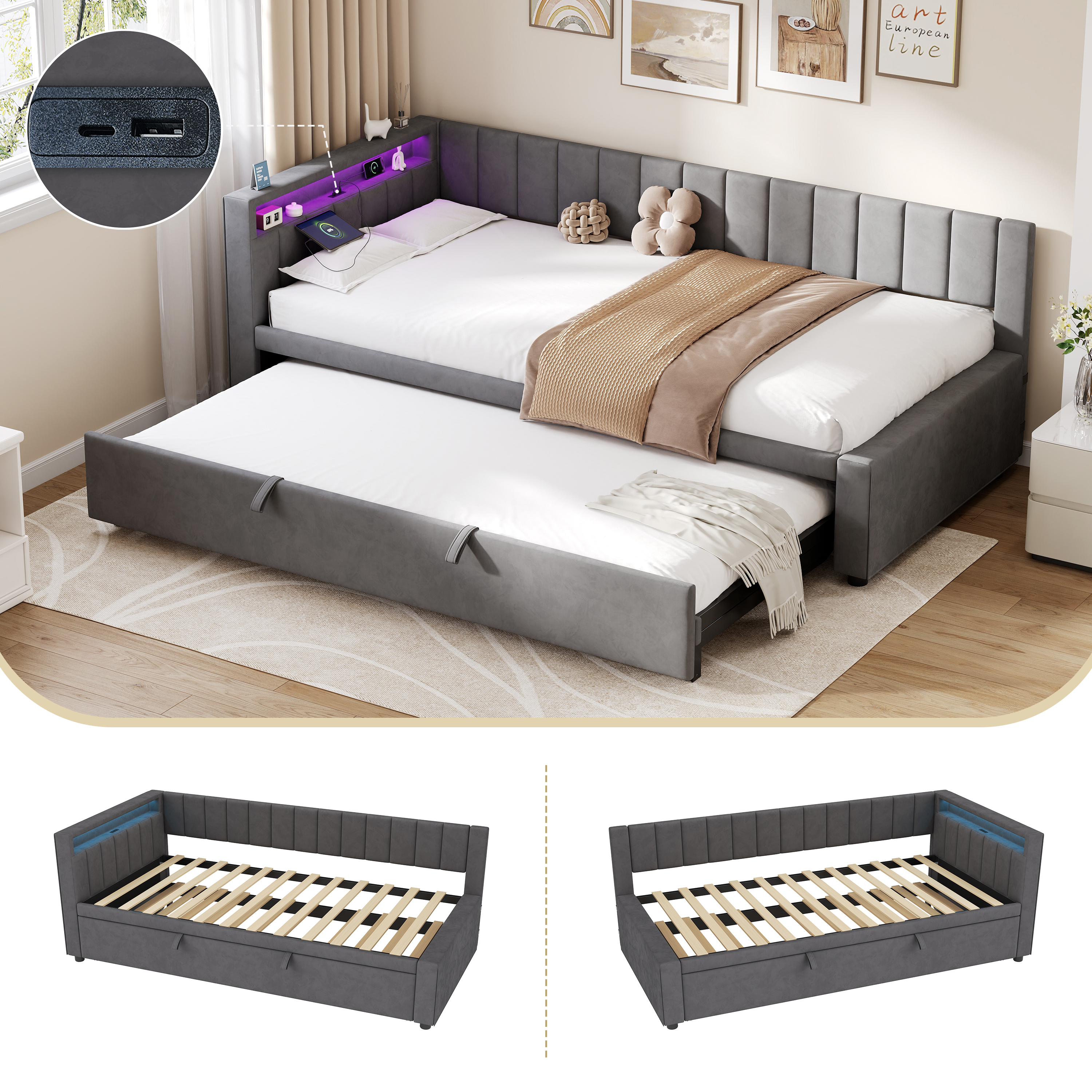 3ft Single Velvet Daybed, Sofa Bed With RGB LED Lights And Charging Station