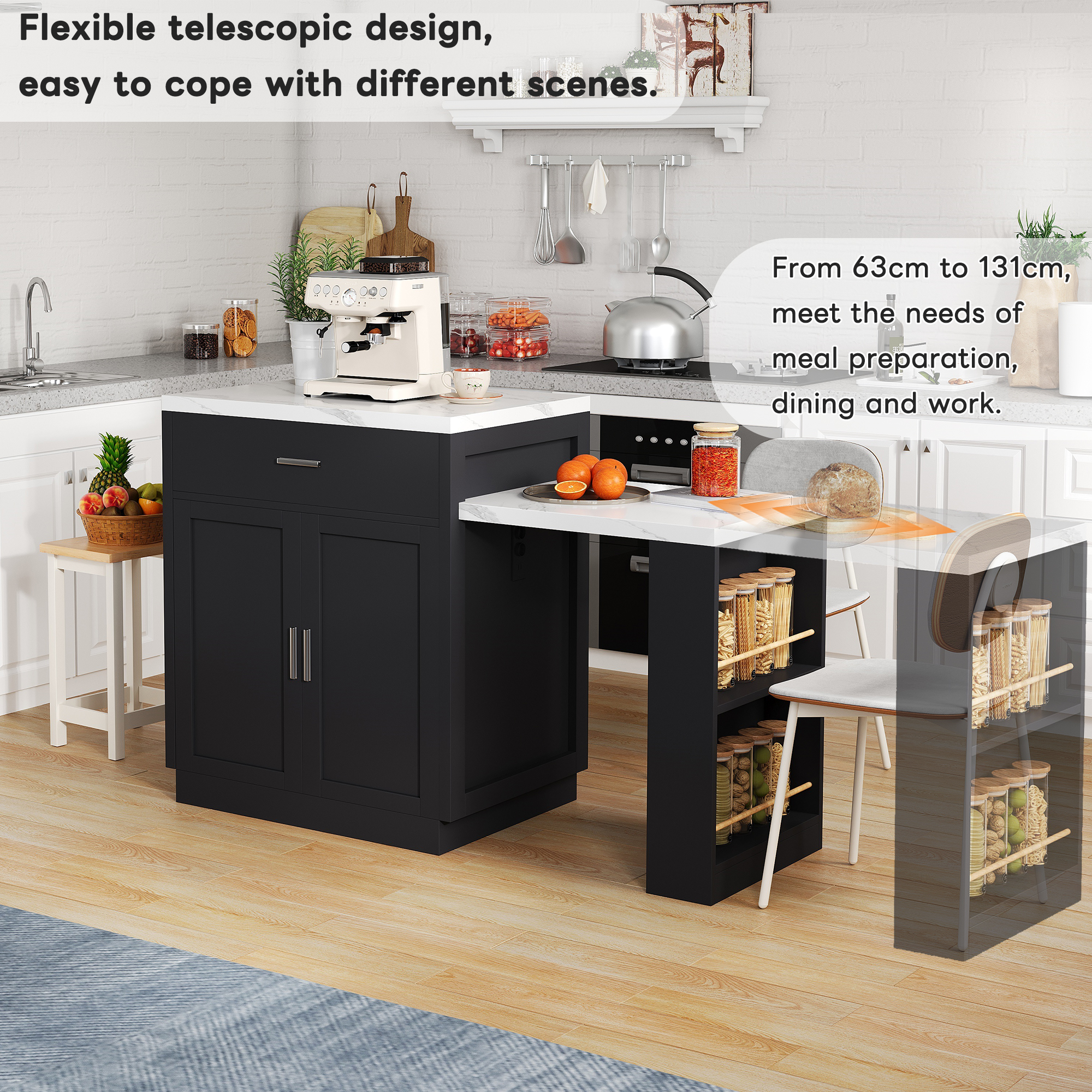 Kitchen Island With Extendable Dining Table For 4-6 People, Two-tone Kitchen Table, Socket,charging Station, Storage Cabinet, 2 Drawers, 2 Side Open Shelves