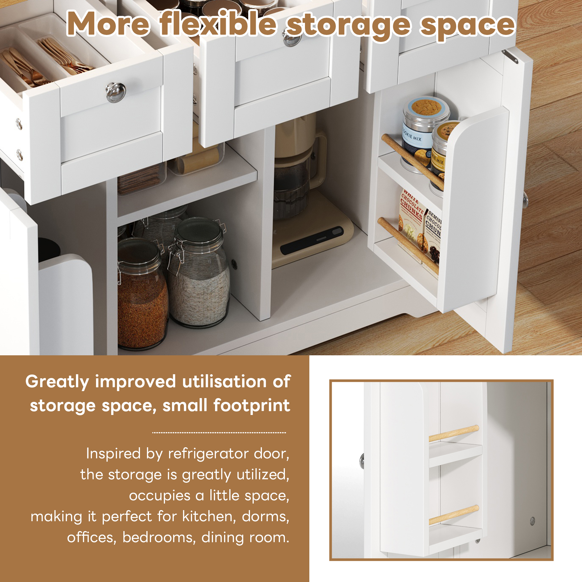 132cm Kitchen Island On Wheels, Dropleaf  Trolley, Farmhouse Style, Foldable Countertop, Drawer, Spice Rack, Towel Holder, 5 Wheels, Integrated Socket, Charging Station, Kitchen Dining Livingroom