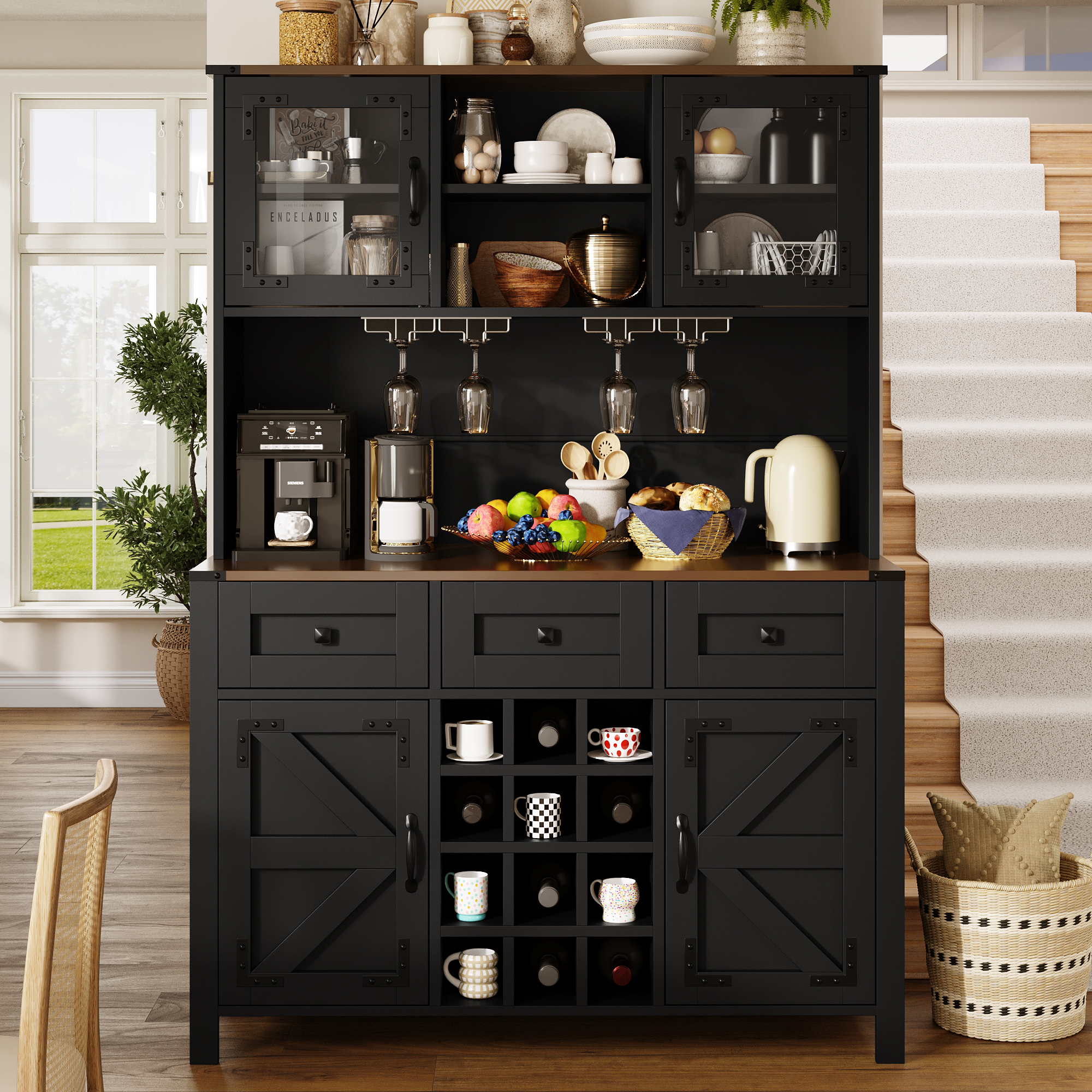 Tall Kitchen Cabinet With 4 Doors & 3 Drawers, USB  Power Outlets, LED Light Strip, Modern Storage Sideboard, Side Cabinet For Kitchen & Living Room, 120 X 40 X 170 Cm, Black