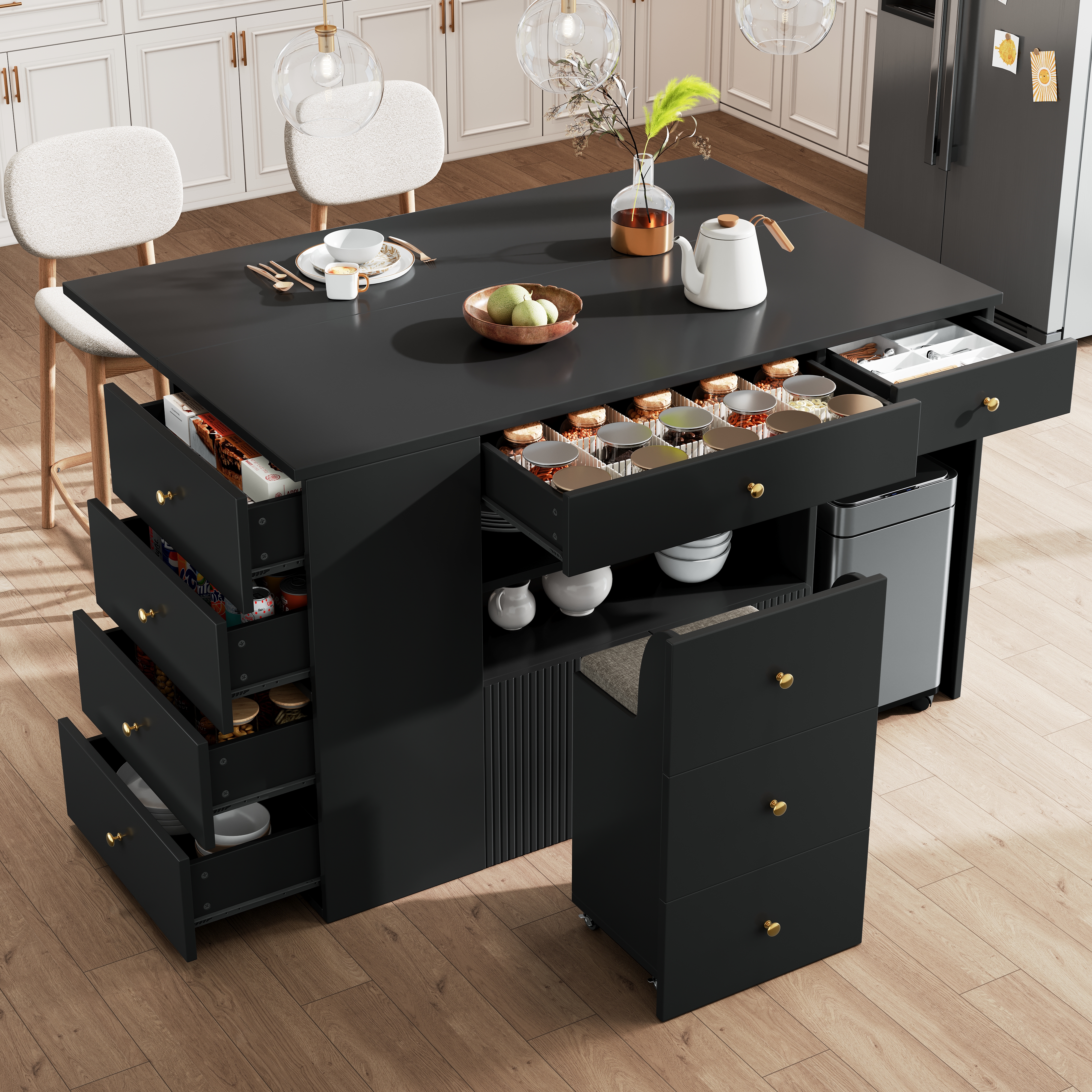 Adjustable Kitchen Island With Bar Stools - Sideboard & Cabinet With 6 Drawers, Width 140-70cm, White Black