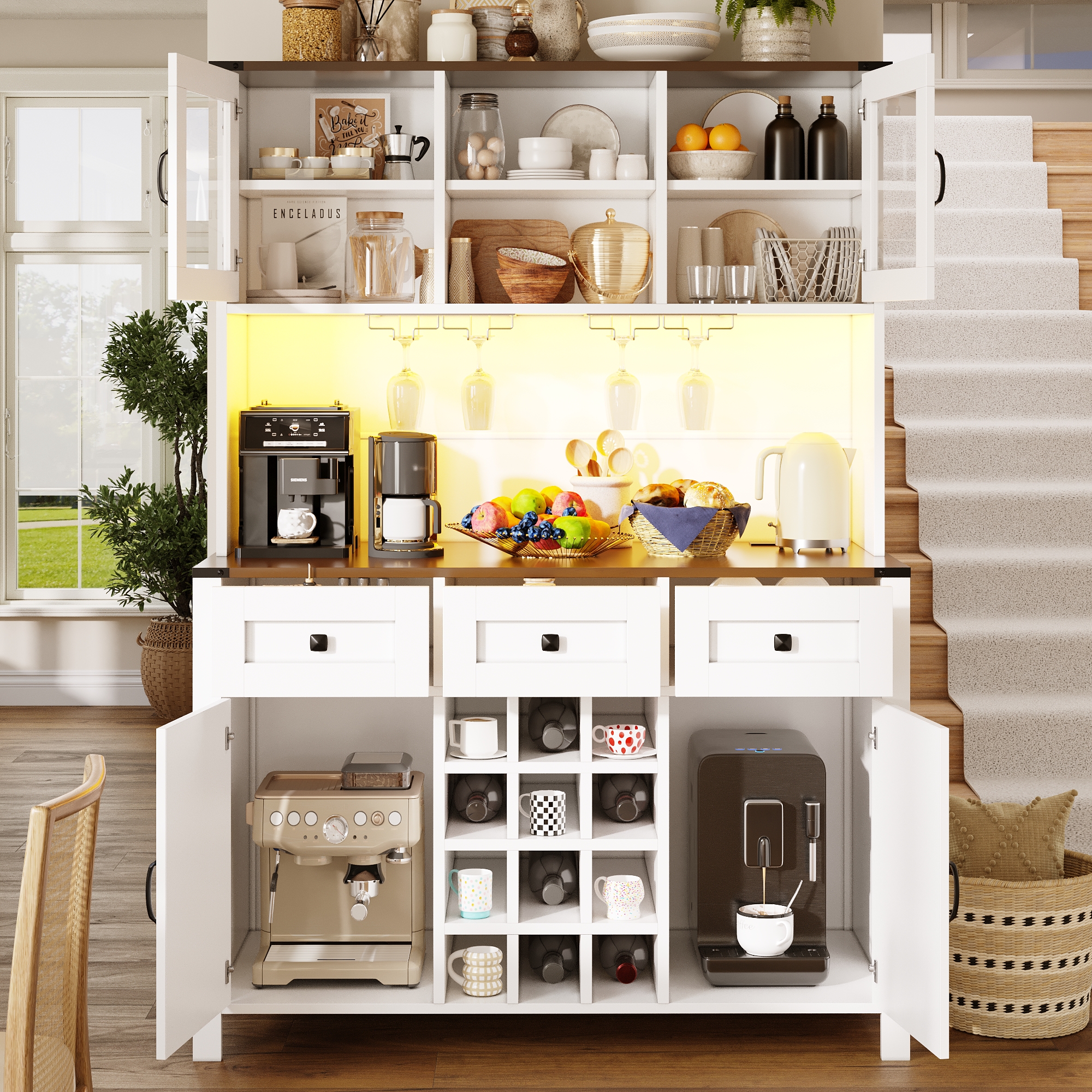 Tall Kitchen Cabinet With 4 Doors & 3 Drawers, USB  Power Outlets, LED Light Strip, Modern Storage Sideboard, Side Cabinet For Kitchen & Living Room, 120 X 40 X 170 Cm, White