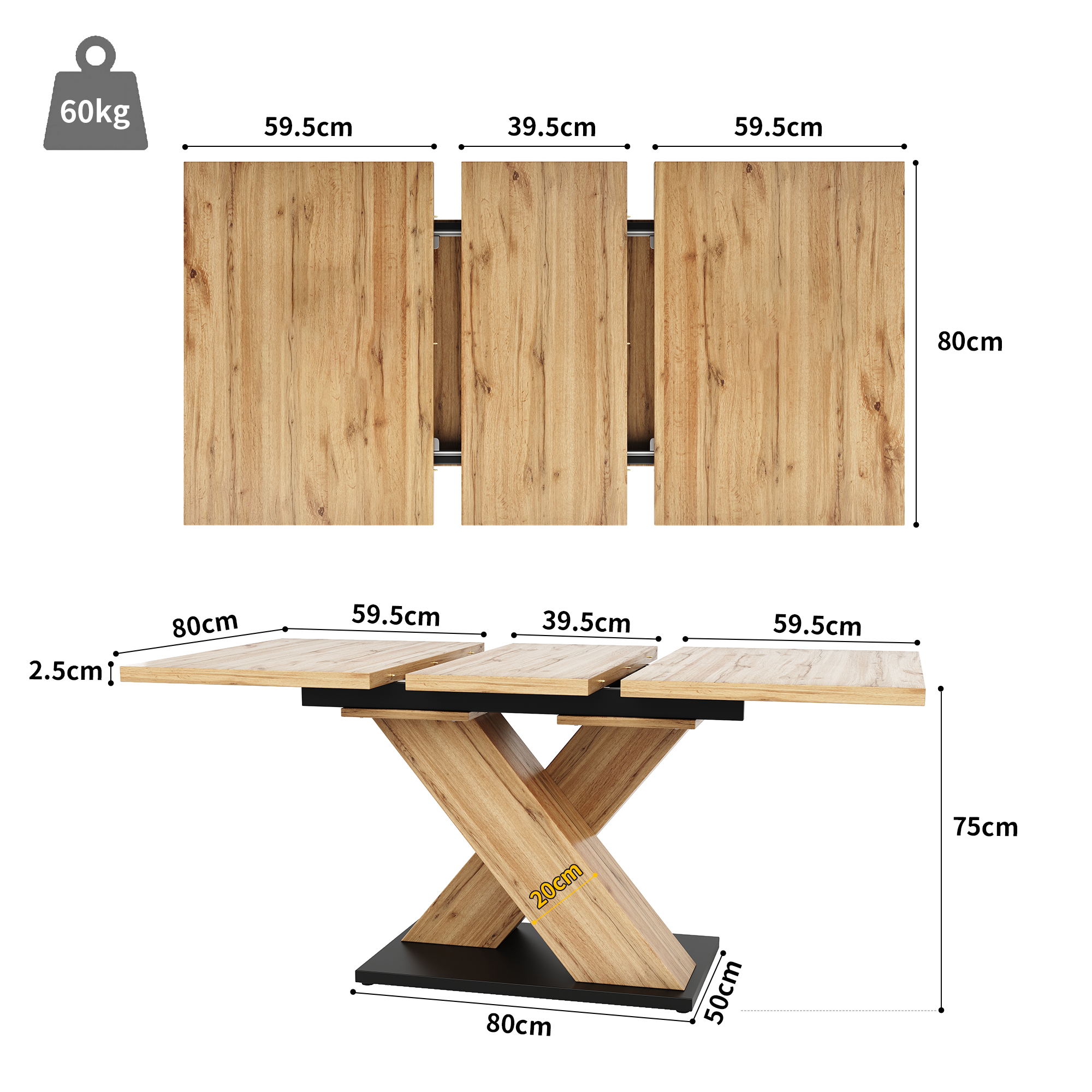 Dining Table Telescopic Table 119-158.5x80 Cm Kitchen Table, Extendable Table, Extendable To 119-158.5 Cm With The Help Of Internal Inserts, For Kitchen And Living Room, Wood-coloured
