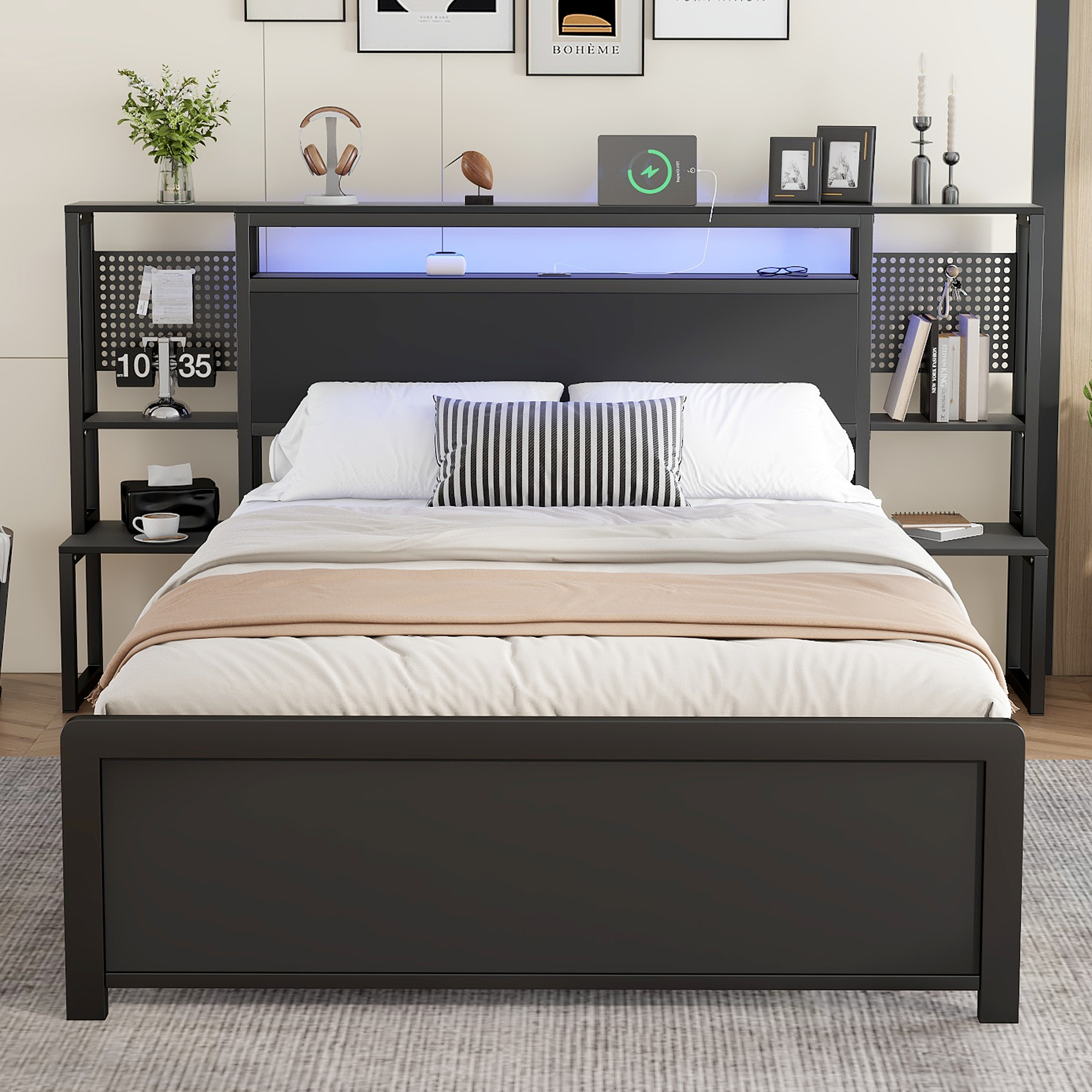 Metal Bed, Iron Bed, 4ft6 Double Bed 135x190cm, With Multi-color LED Strip Lights And Charging Port 2 A-type And 1 C-type, One-piece Bedside Table, Black