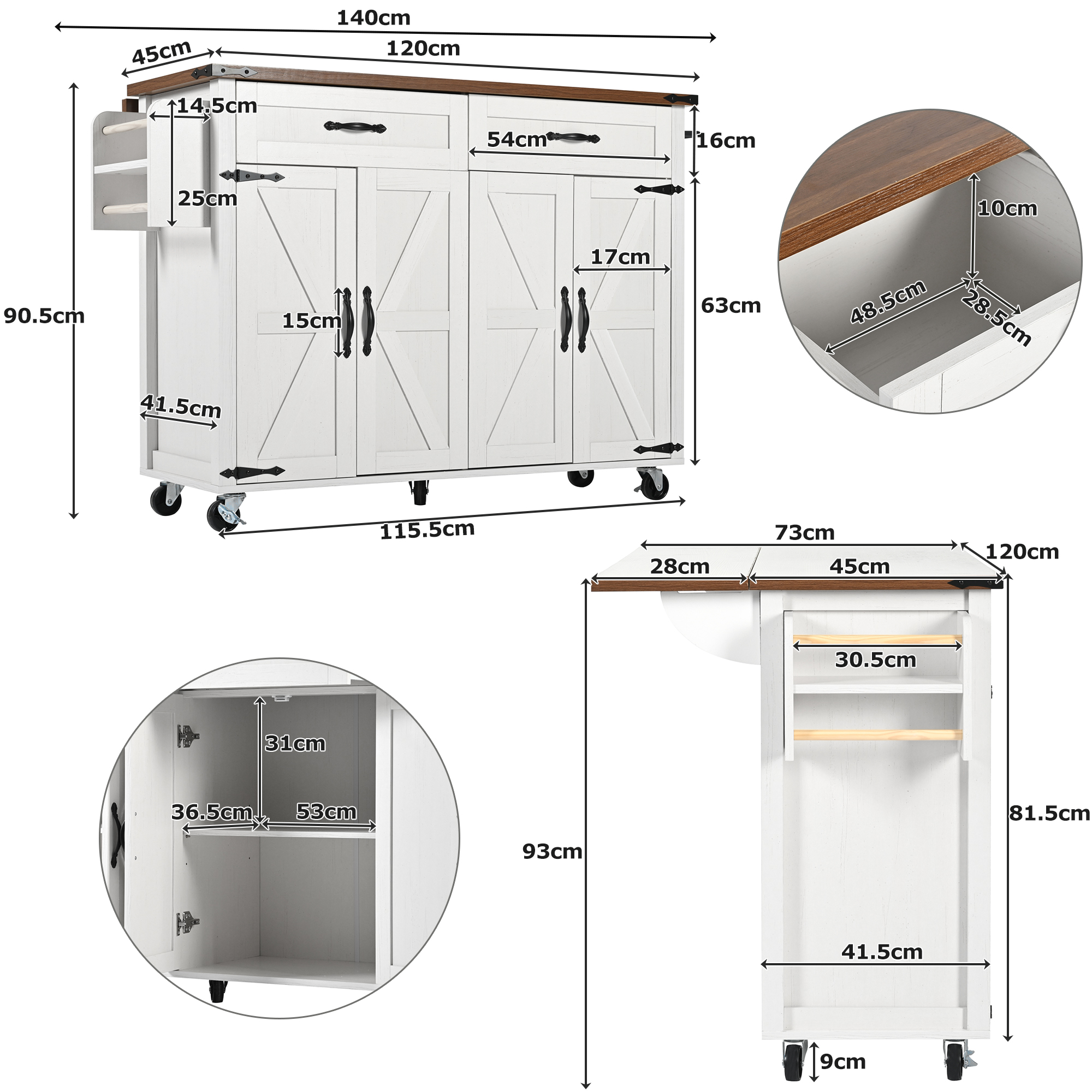 Farmhouse Style Rolling Kitchen Island Storage Trolley With Large Cabinet, 2 Drawers, Adjustable Shelf, Spice&Towel Rack, Dining Room Organiser Sideboard Cupboard Cabinet Cart, White