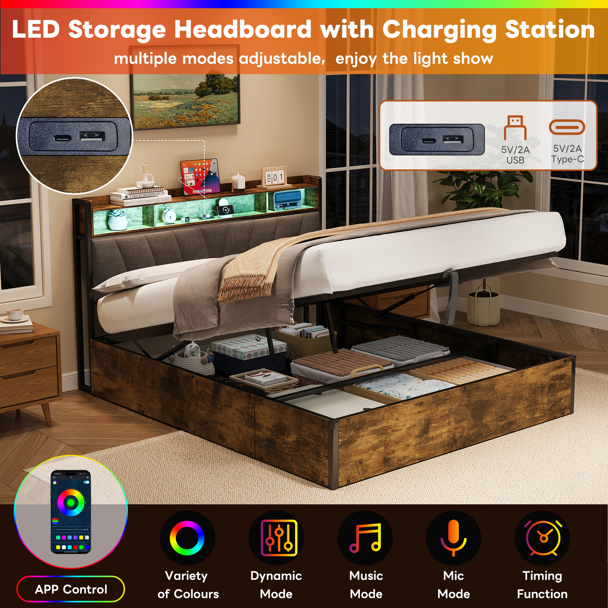 4ft6 Double Bed Frame With Hydraulic Storage, RGB LED Storage Headboard With Charging Station, USB And Type C Ports, No Box Spring Needed, Easy Assembly, Black Walnut No Mattress