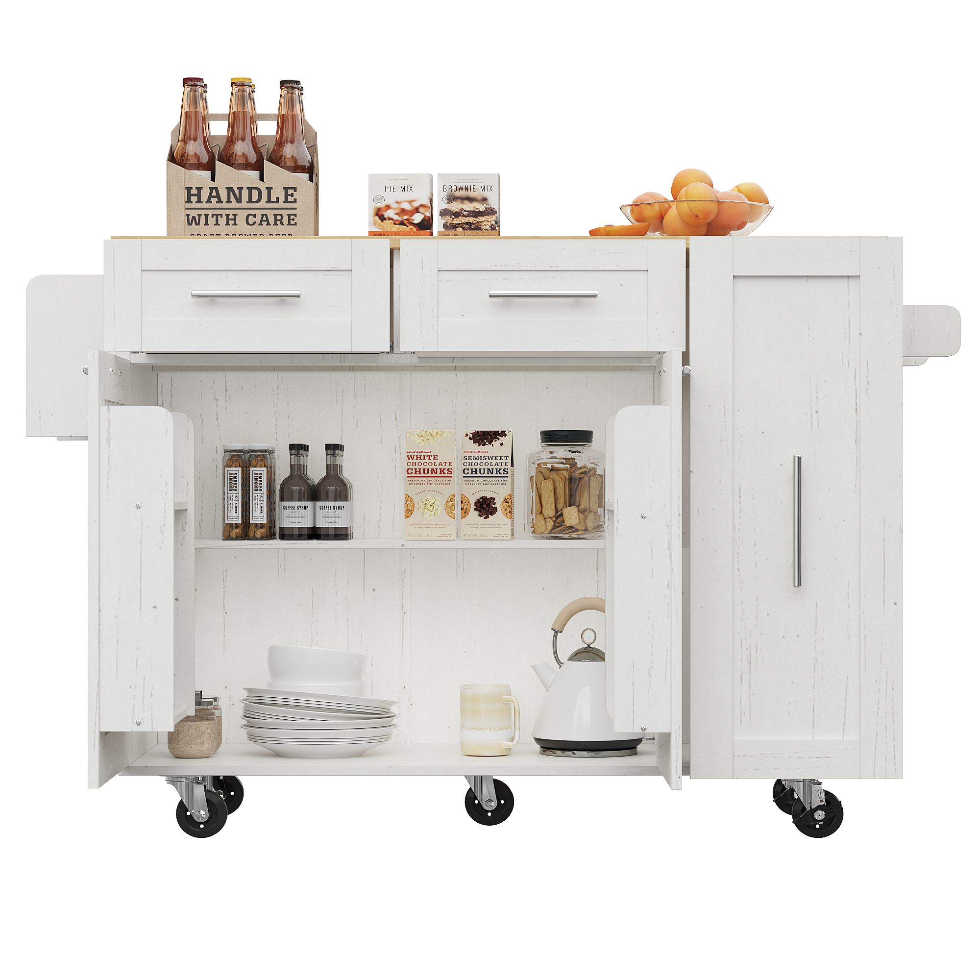 Modern Kitchen Island, Kitchen Cabinet, Buffet Cabinet, Dining Cart With Wood Grain, Dining Table With Storage Space, Dining Cart With Snack Shelves And Stretch Function Cabinets, White
