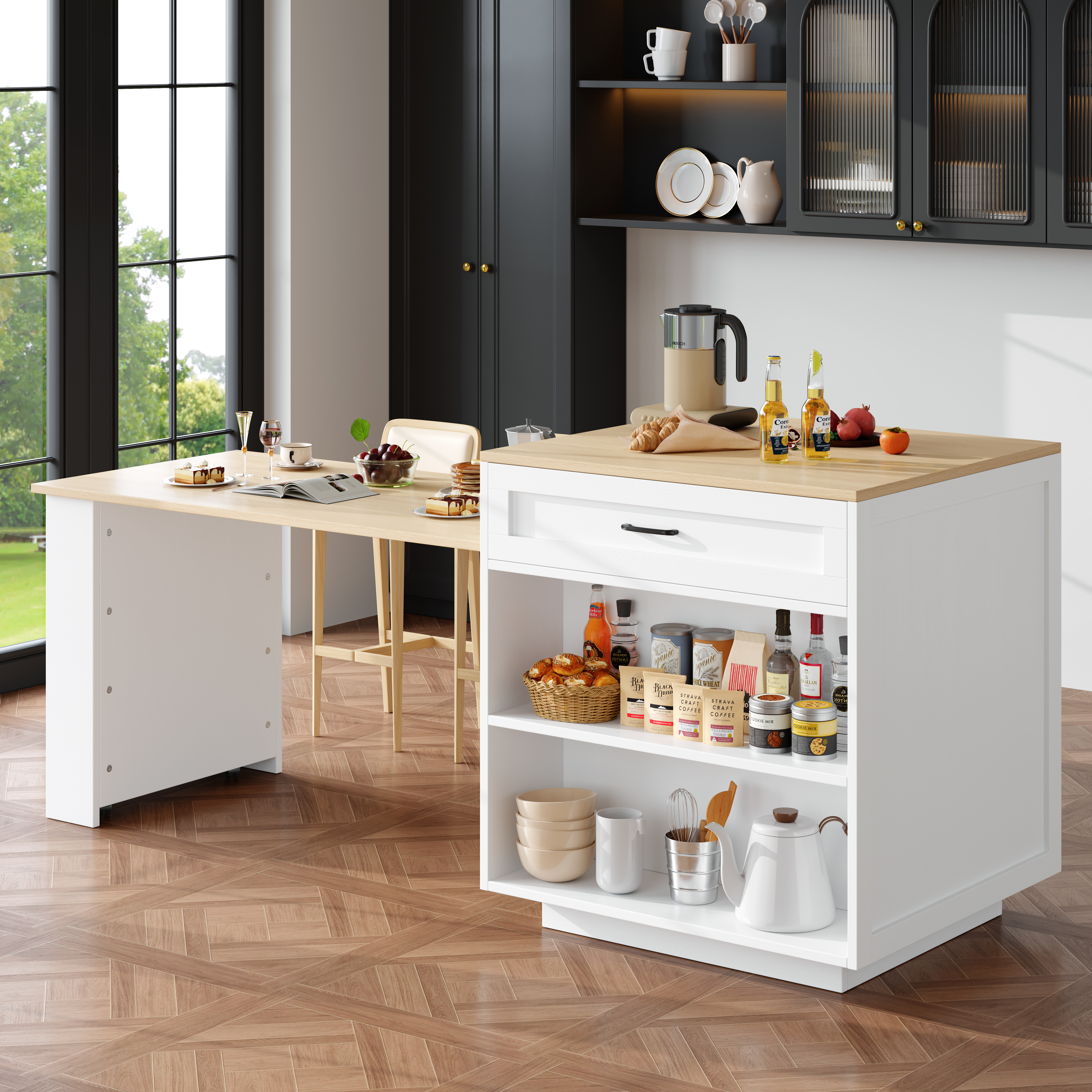Extendable Bar Table With Storage 133-202 X 70 X 93.5 Cm With Two Drawers And Four Compartments, Expandable Kitchen Island Table For 2-6 People, Kitchen Dining Cart With Side Shelves, White.