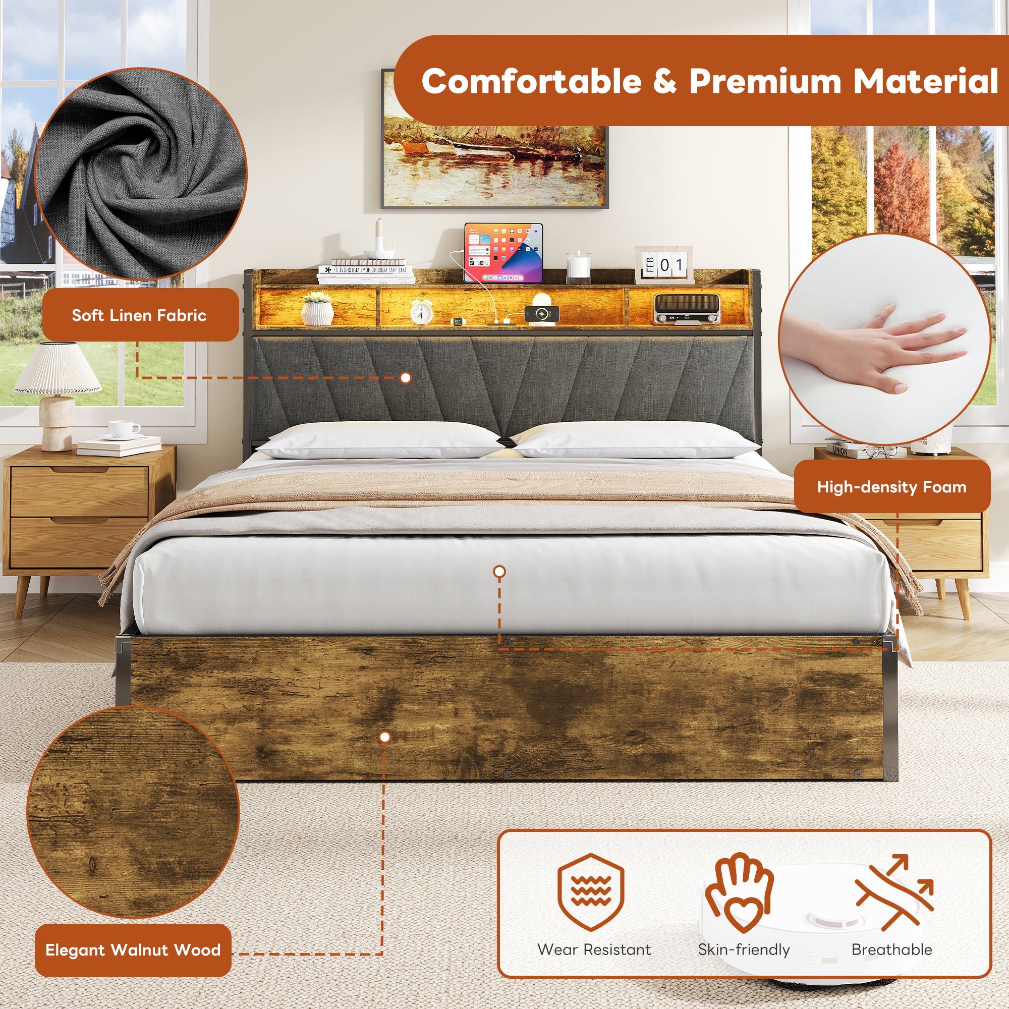 5ft King Bed Frame With Hydraulic Storage, RGB LED Storage Headboard With Charging Station, USB And Type-C Ports, No Box Spring Needed, Easy Assembly, Black Walnut No Mattress