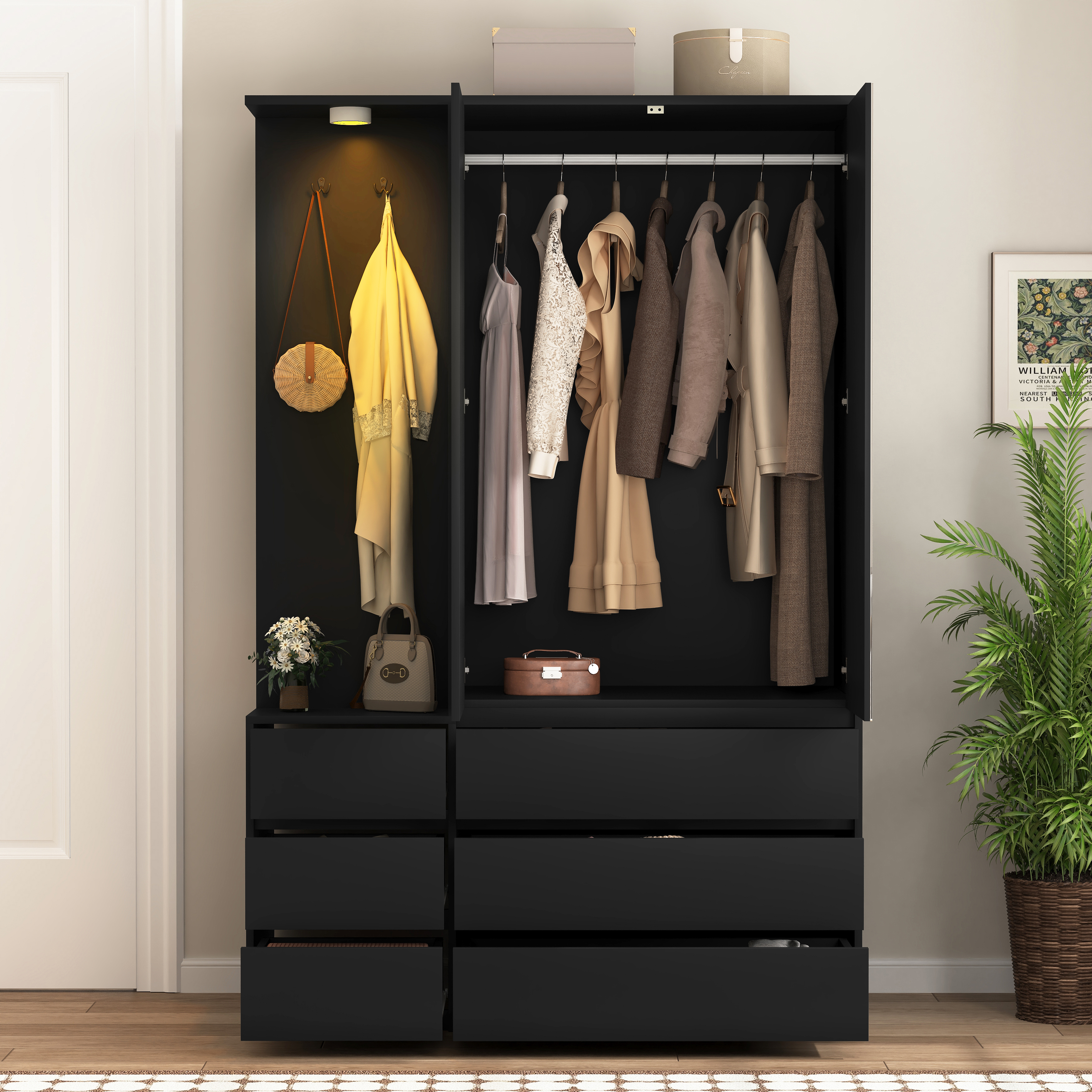 Wardrobe Closet 71.7 H, Bedroom Wooden Wardrobe With 2 Doors 6 Drawers, Modern Clothing Storage Cabinet Combination With Storage Shelves And Hanging Rail, Black