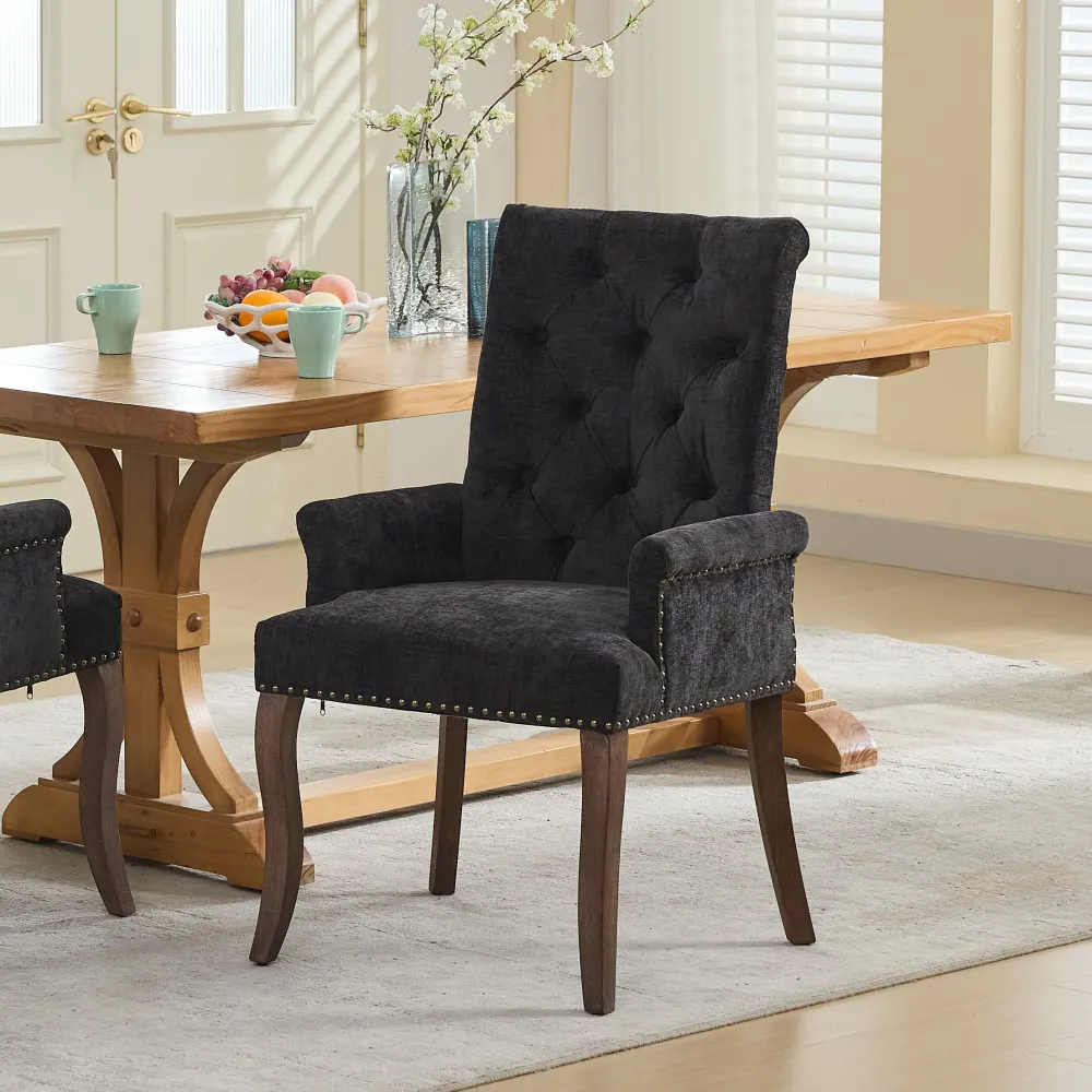Upholstered Chenille Fabric Accent Dining Chair, Curved Solid Wood Legs, Elegant Tufted Club Dining Room Kitchen Room Arm Dining Chair, Single Pack,Black,SW1895BK