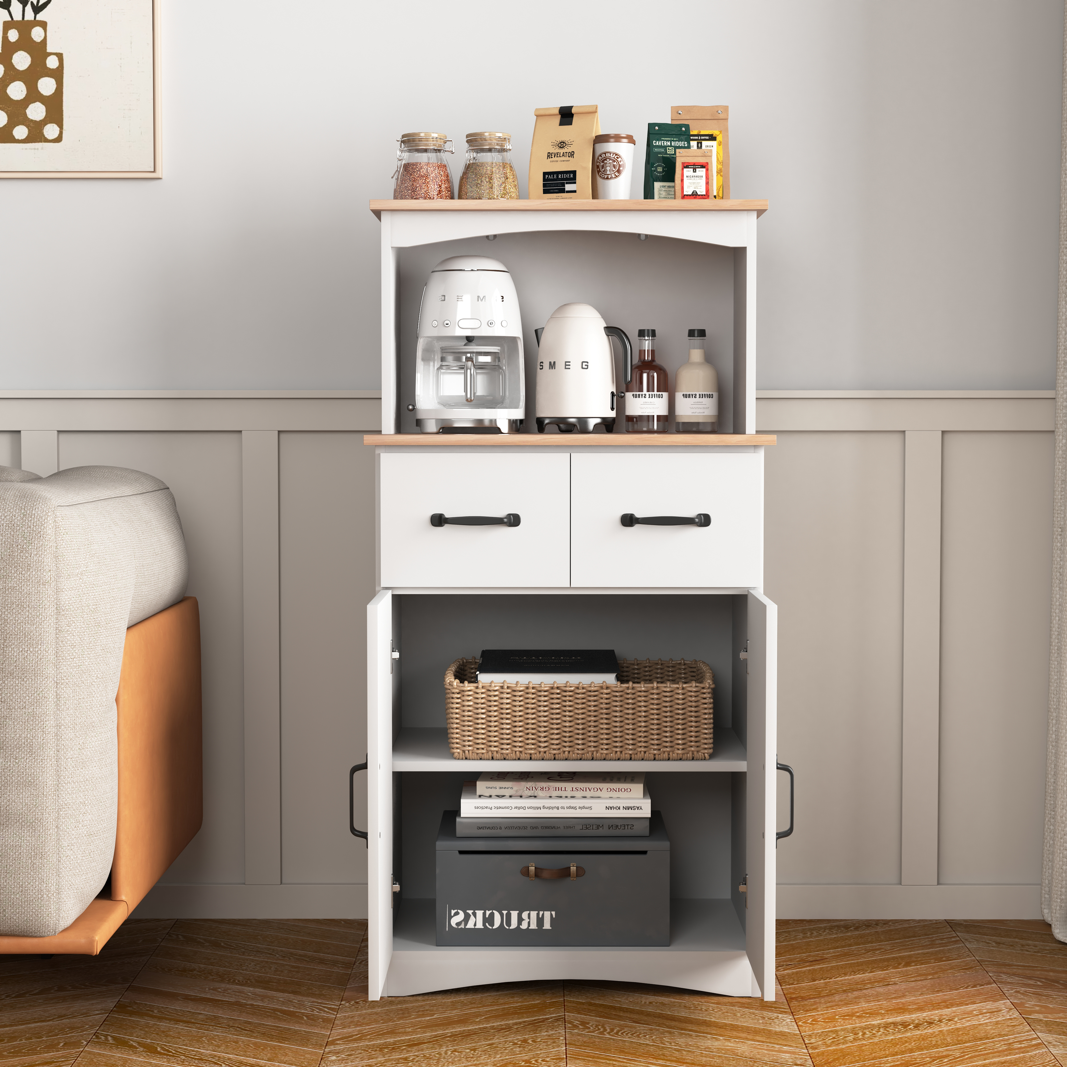 Wooden Kitchen Cabinet White Pantry Storage Microwave Cabinet With Storage Drawer