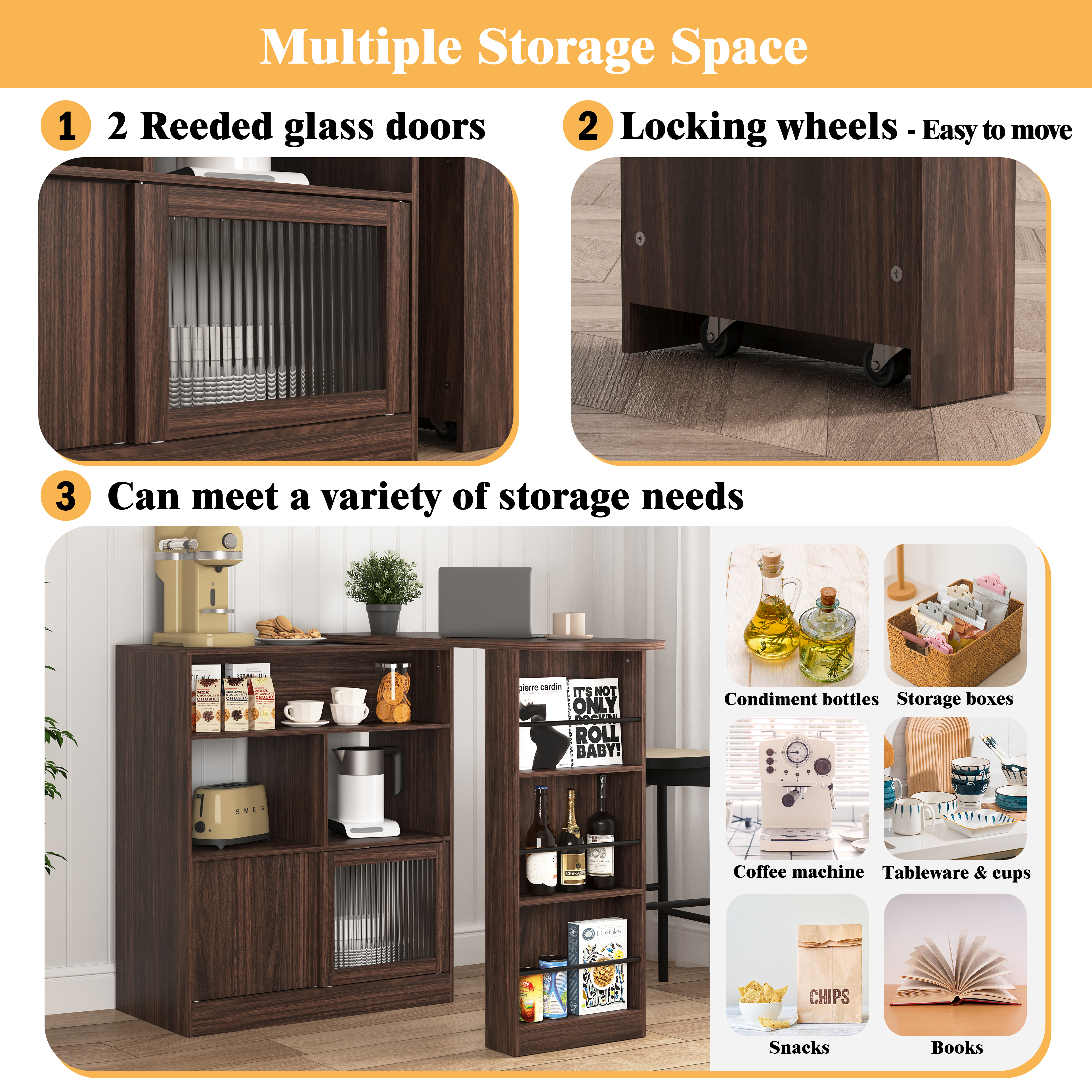 Modern Bar Cabinet With Rotating Top, Counter Height Dining Cabinet With 6 Storage Space And 2 Ribbed Glass Door For Kitchen, The Rotating Top With 3 Storage Shelves Dining Room, Living Room, Walnut