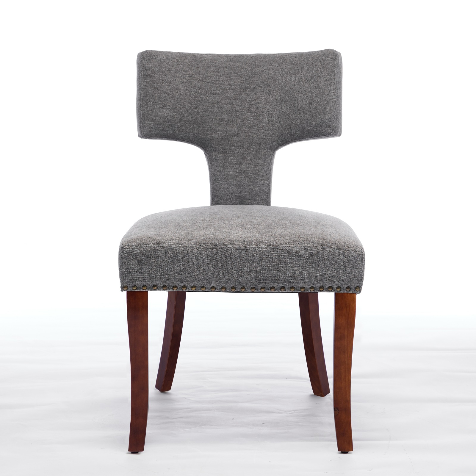 Mid Century Modern Dining Chairs Set Of 2, Farmhouse Linen Fabric Upholstered Accent Chair Curved Backrest With Copper Nails Around,Kitchen Chairs With Hardwood Frame, Gray