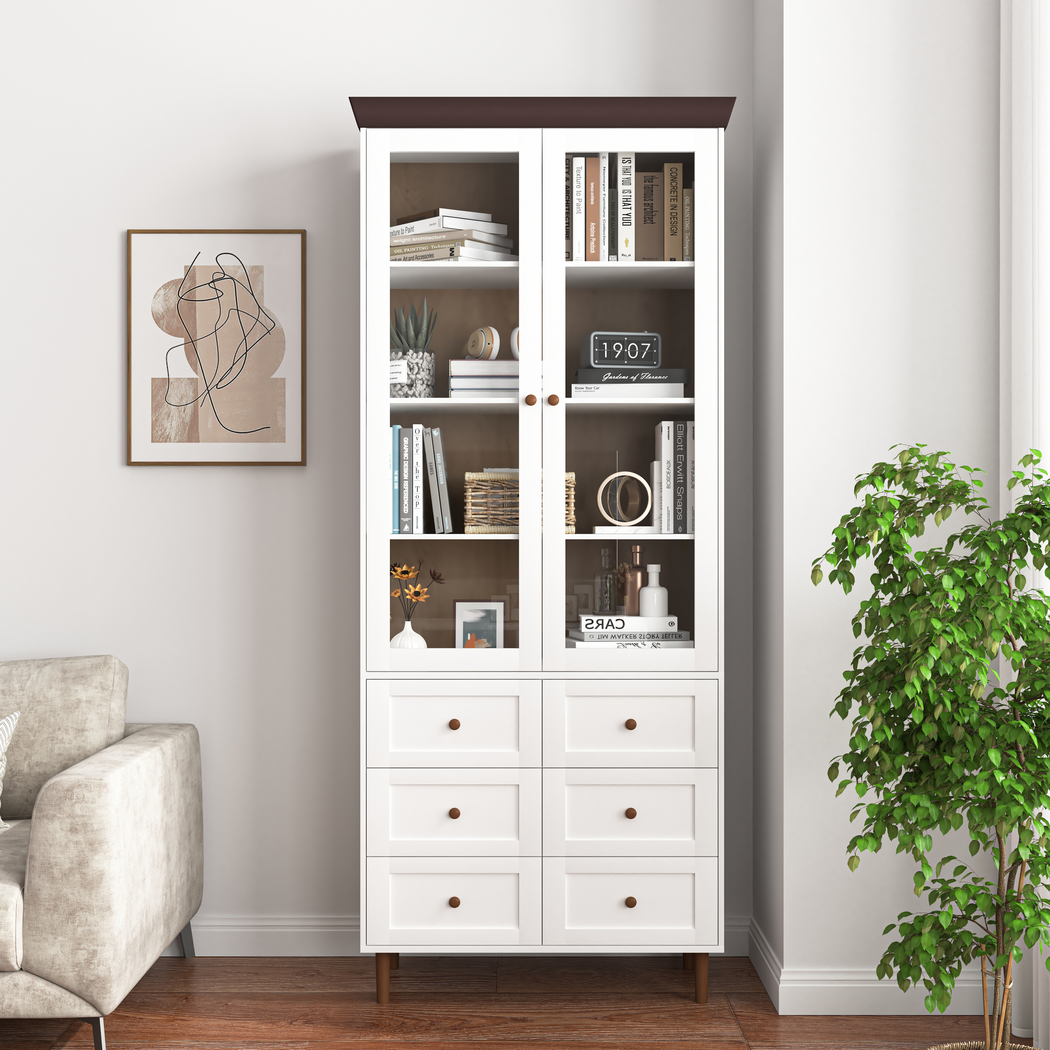 White MDF Display Storage Cabinet,Tall Kitchen Pantry Cabinets With Glass Doors And Adjustable Shelves,Freestanding Storage Cupboard For Kitchen, Living Room - Image 1