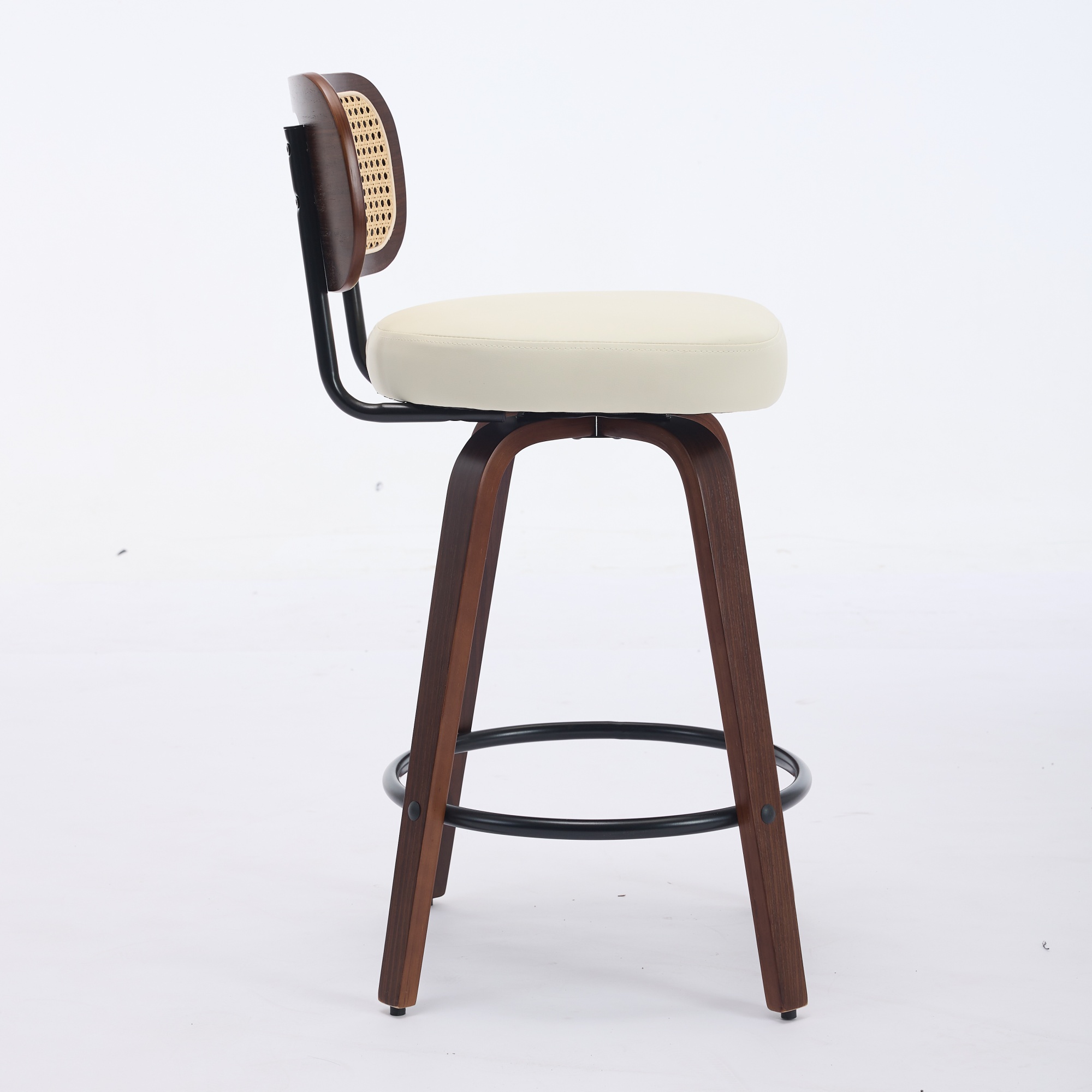 Set Of 2 Counter Height Bar Stools - 26 Inch Rattan Counter Height Stools With Cane Back, Upholstered Seat, Walnut Craftsmanship, Swivel Counter Stools For Island Kitchen Counter Bar Walnut  Beige