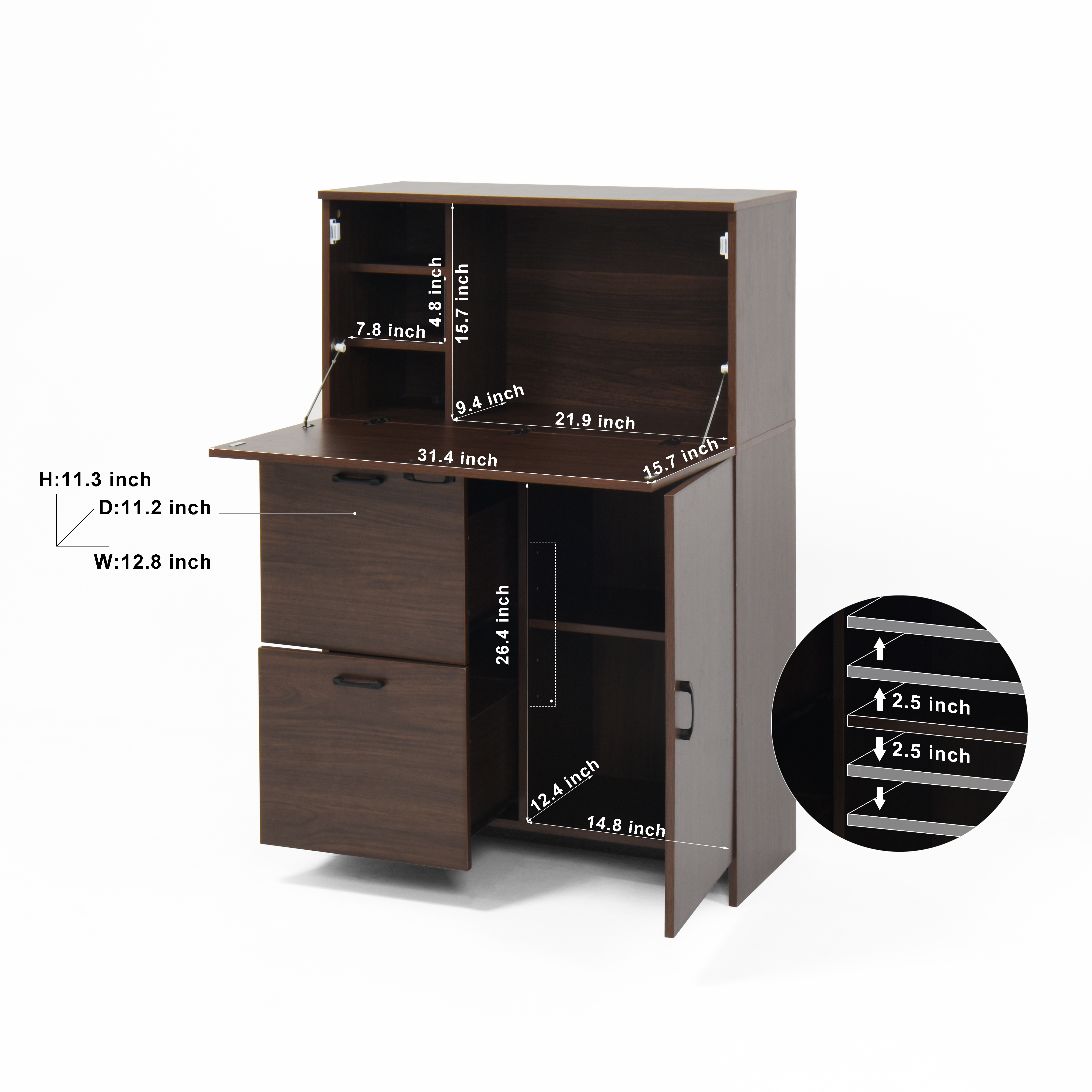 Desk Cabinet, With Storage Drawer & Shelves, Fold-up Desktop, Ideal For Home, Office, Kitchen Storage Organizer, Dormitory, Small Spaces W31.49xD13.78xH47.2