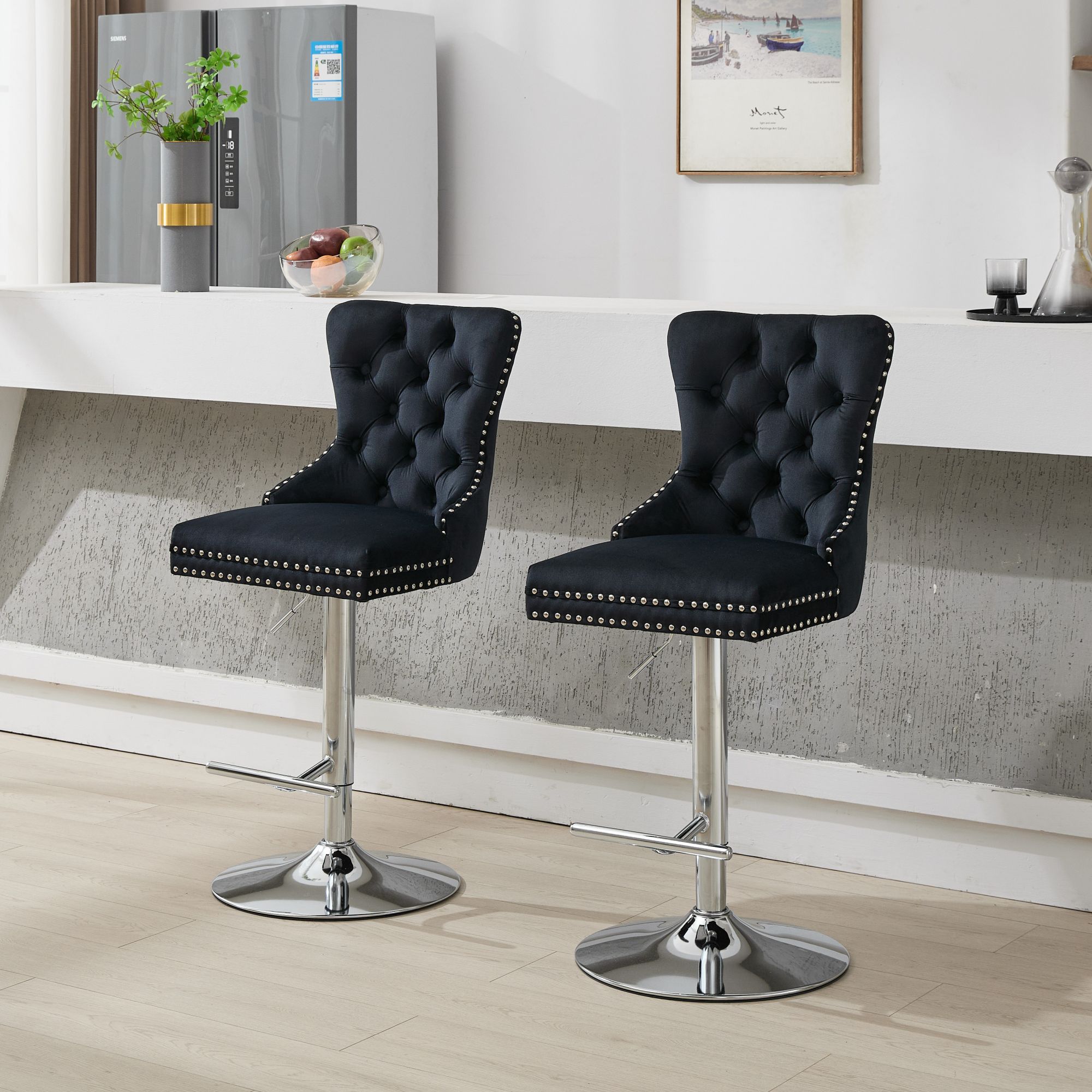 Thick Chrome Swivel Velvet Barstools,Adjustable 25-33 Height,Modern Upholstered With17.7 Base,Tufted Buttons&Diamond Pleating,Sponge&Spring Seat,for Home Pub&Kitchen Island Black, Set Of 2 - Image 1