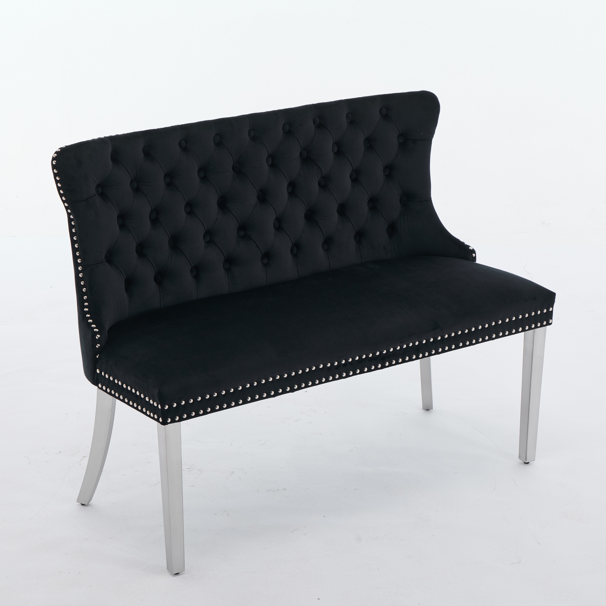 Velvet Double Dining Loveseat Bench, Kitchen & Dining Seating, 2-Seat Tufted Bench W Handmade Buttons, Wing Back, Brushed Silver Stainless Steel Legs, Mid Century Modern,Single Pack,Black,SW1702BK