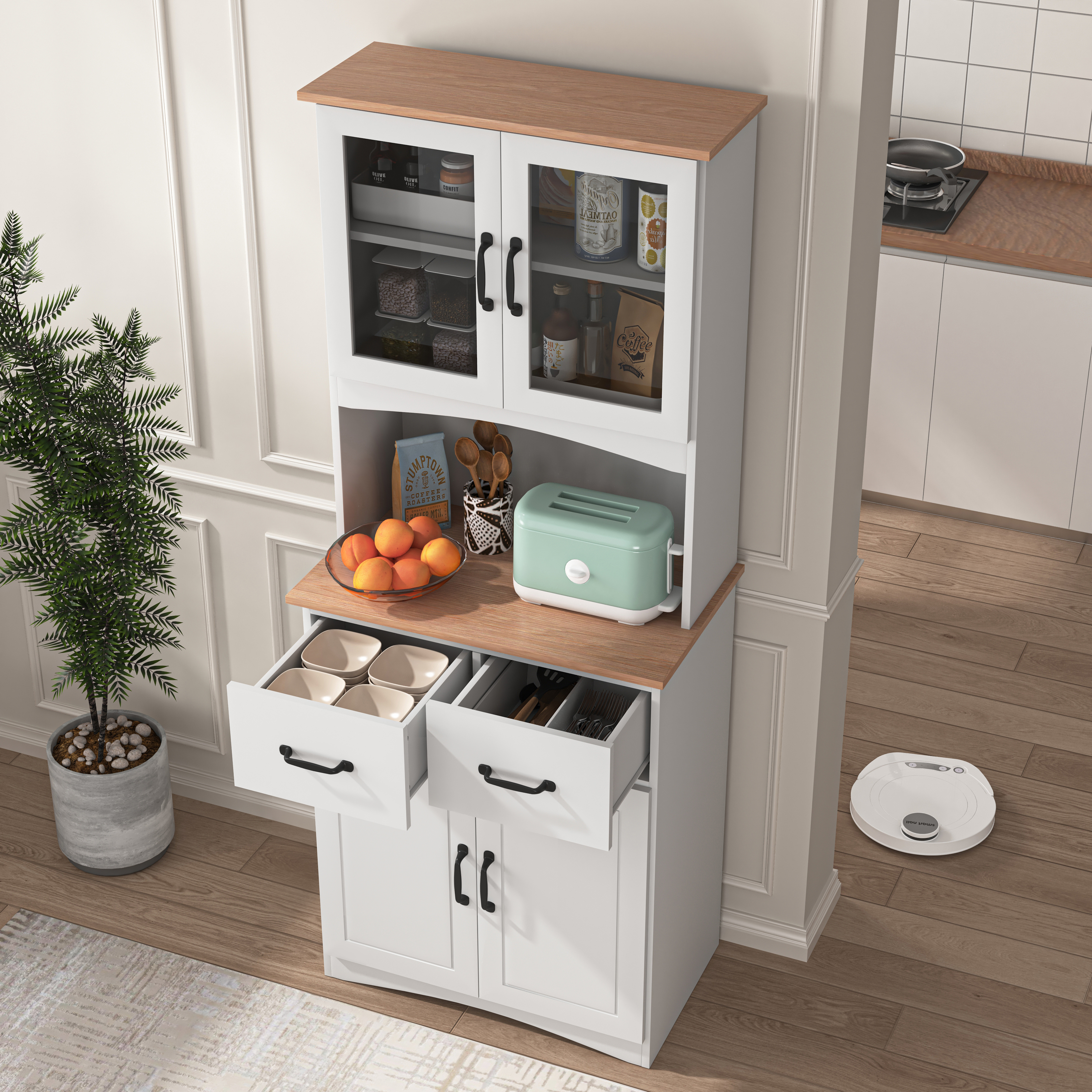 Wooden Kitchen Cabinet White Pantry Room Storage Microwave Cabinet With Framed Glass Doors And Drawer